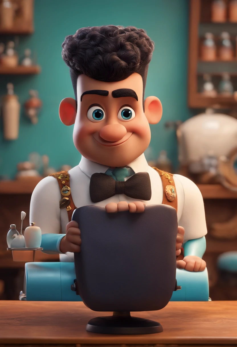 A Dream Barber Inspired by Pixar Animation, de perto. The character takes center stage with captivating facial expressions, oferecendo um toque de irrealidade, Cabelo curto e gordinho gradiente