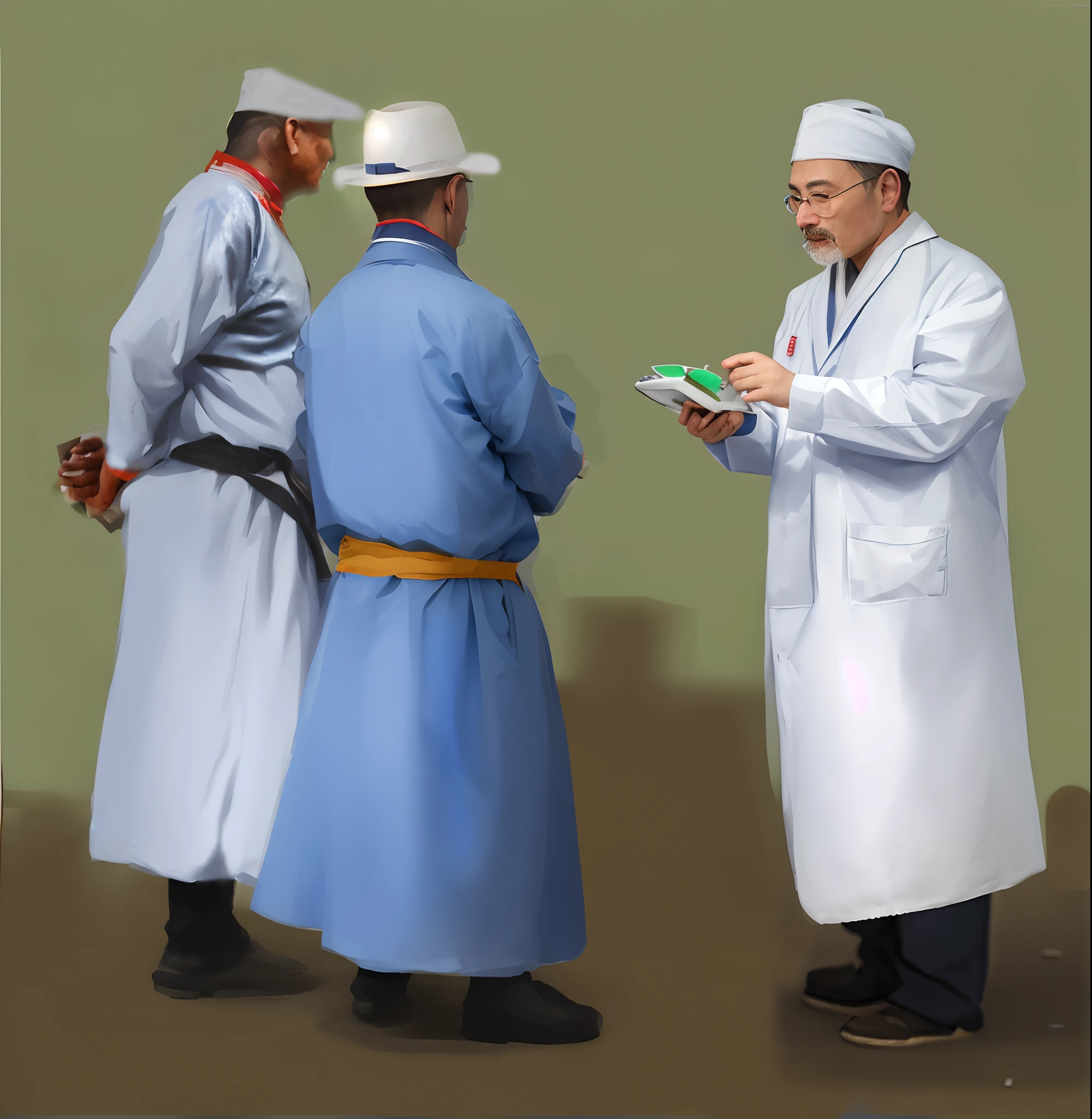Standing stood three men in white coats and two Mongolian men,explain, wearing authentic attire, Mongolia, the doctor,Traditional clothing, blue tunic and robes, In the blue robe, traditional garb, Wearing a blue robe, White lab coat, Blue robes, asian man, Wearing traditional attire, yiqiang and shurakrgt, labcoat, wearing white robes with