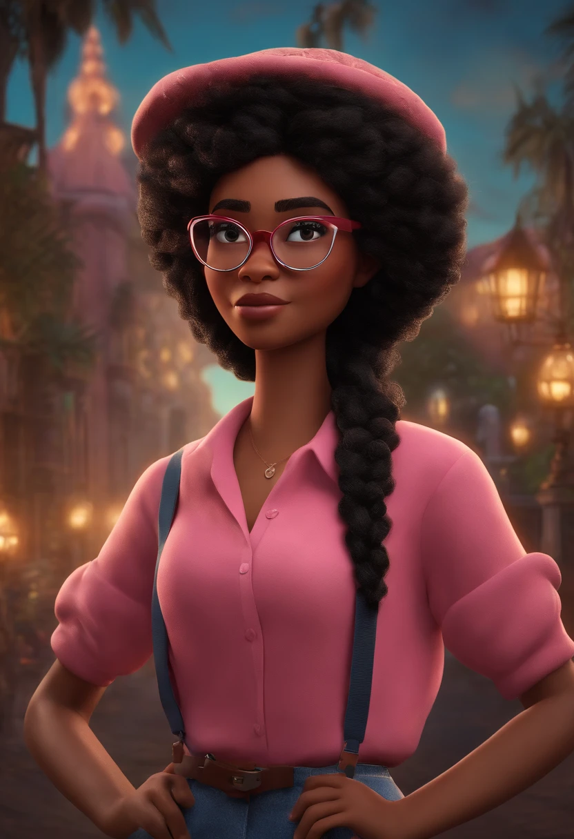 A Disney-Pixar-style 3D movie poster of a 21-year-old woman, black cap, cabelo longo ondulado, camisa longa rosa, oculos redondo escuro, shorte preto,