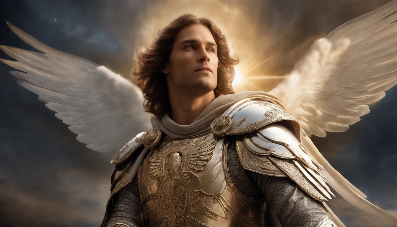 male character, the archangel Michael, celestial image, intricate details, realistic, SILVER and large wings, angelic background, illustrative Catholic image of the archangel Michael, male character from the Bible, Michael is wearing his angelic armor, cosmic background, Illumination on the Archangel and the background, image of the angel's full body, Maximum detail and his face and angelic wings, perfect and realistic skin, Maximum image quality, Miguel stands out in the image with strong and attractive colors.