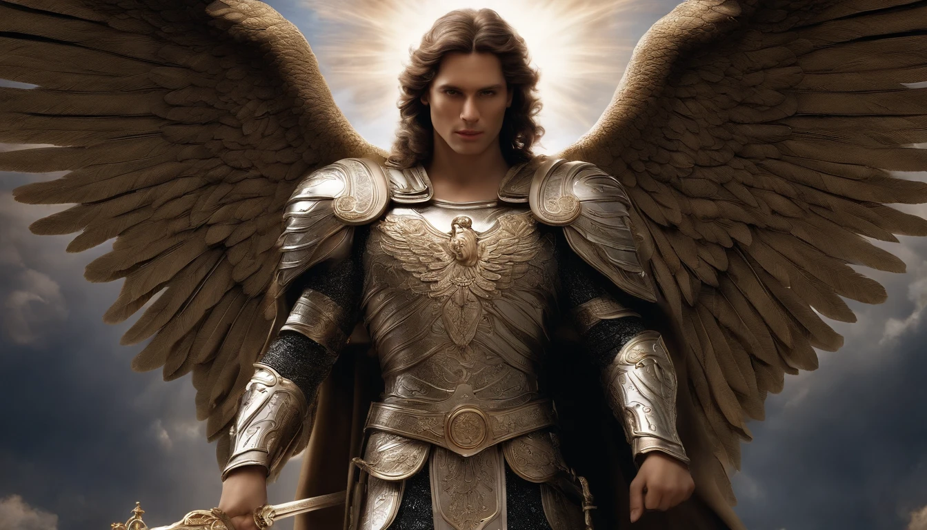 portrait angel man omega celestial with sacred armor, falling angel feathers, in the style of realism, 8k, estilo Angel Sanctuary, realisitic 
