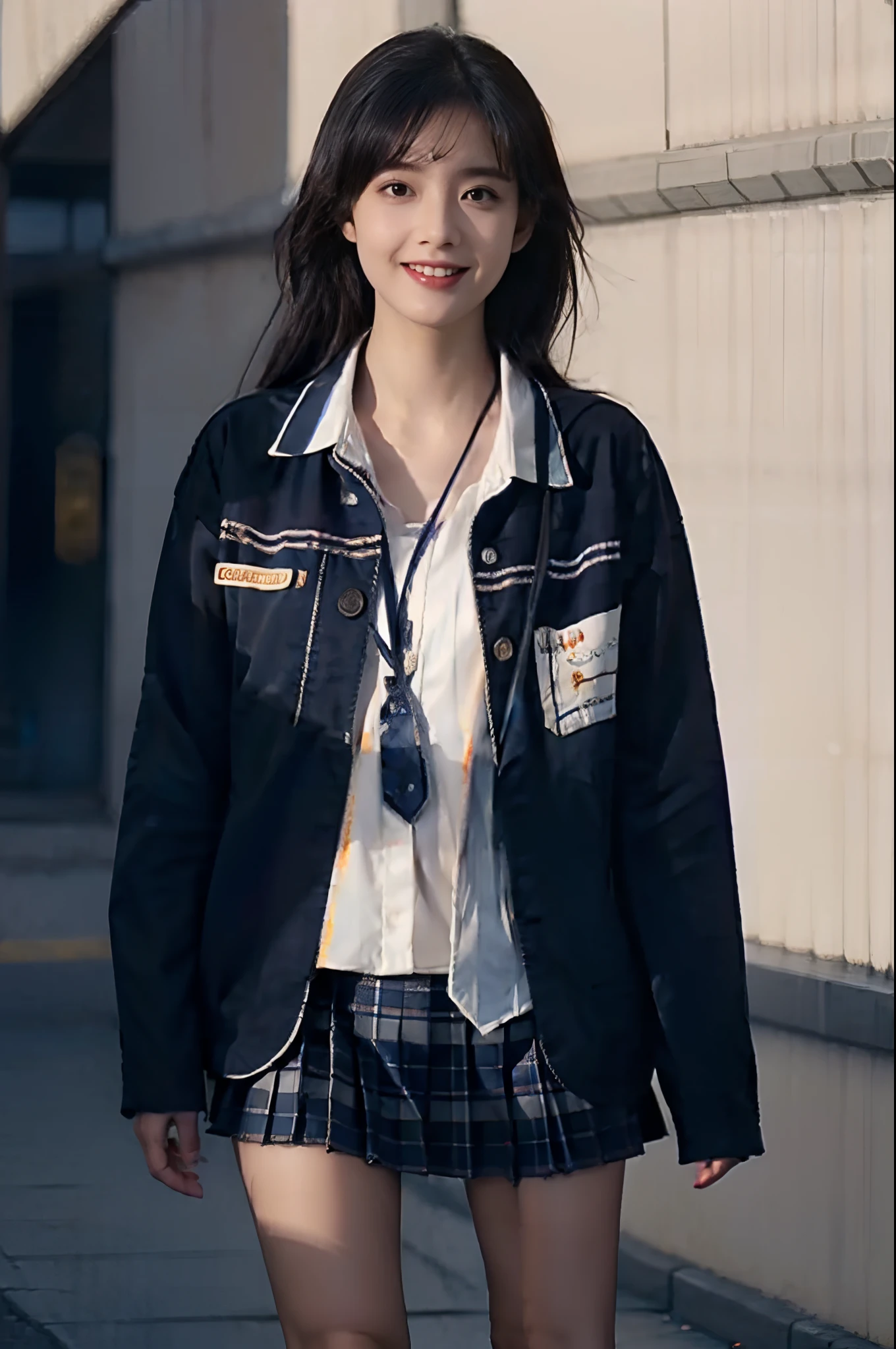 Chiaroscuro, masutepiece, Super Detail, High quality, awardwinning, 8K, dreamy watercolor, (girl), Solo, Smiling, High School Uniform, (Formal jacket dark blue), White shirt, Short tie, Short pleated skirt is plaid, Socks are dark navy, Theme color is dark navy, Full body shot, at studio, Detailed fingers, romantic, Cinematic Light, lighting on the face