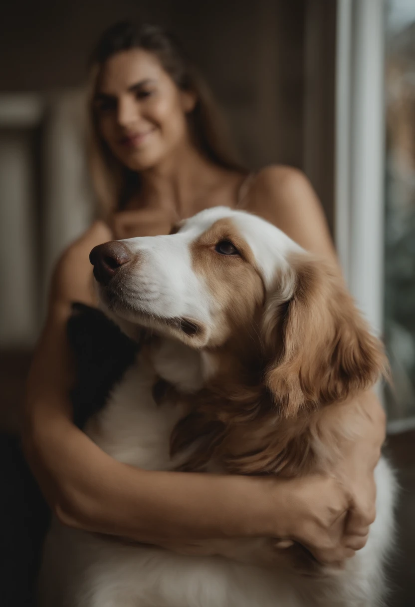 Casal gay, 1,95 metro de altura cabelos lisos comprimento pelo ombro, olhos casanhos, fine strokes, outro 1,80 metro de altura cabelos encaracolados e grisalho, ambos de barba, com uma cachorinha, branca com manchas marrom, olhos metade azul e metade castanho