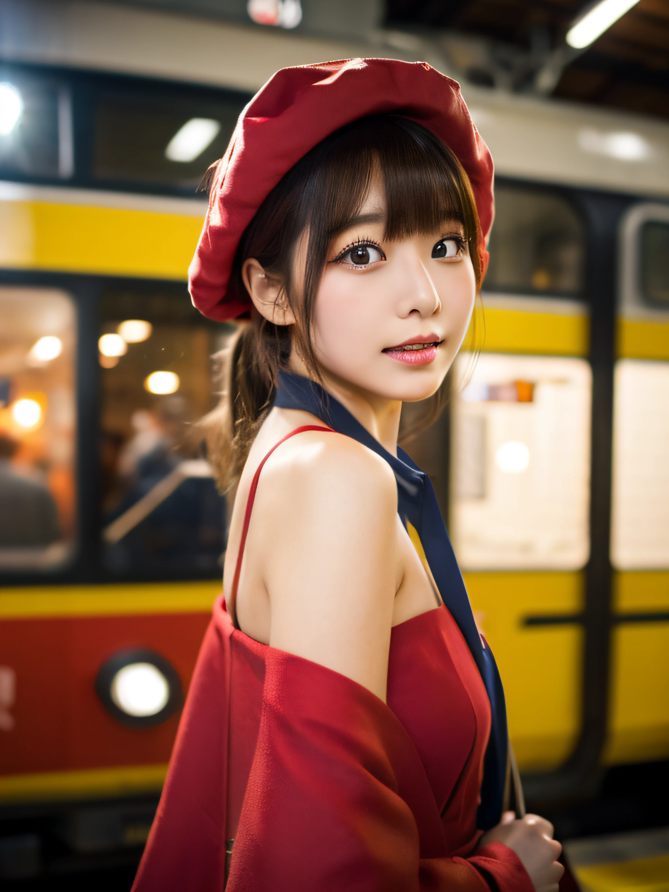 top-quality、16k image、1 Japan Female、Wearing a bright red Santa Claus costume、a miniskirt、A detailed face、Detailed pupils、Beautiful lips、slenderbody、When I was on the platform of the station, Japan steam locomotive D51 came in、ＳＬWave to、Photographed by a professional photographer