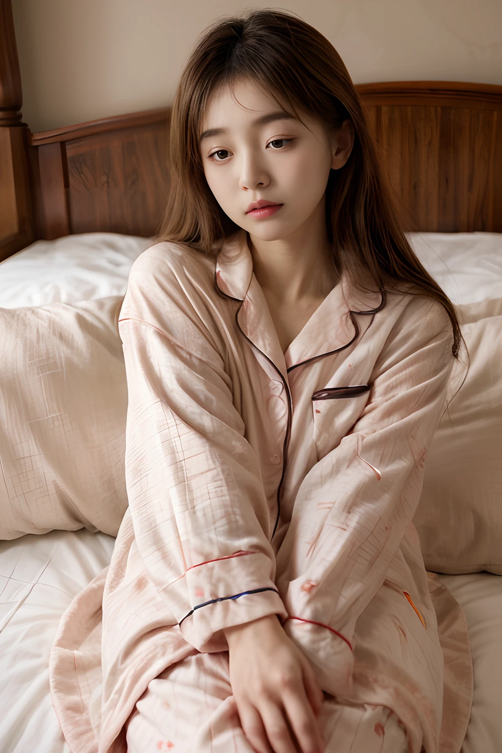 masterpiece、8K、32K、top-quality、(A cute Japanese woman:1.1)、detail portrayal、1 girl in、elegent、23years old、(s Pajamas:1.2)、a bed、(rubbing eyes、sleepy:1.1)、cowboy shot、(Light makeup:1.2)、cute little、cute little、zoomout