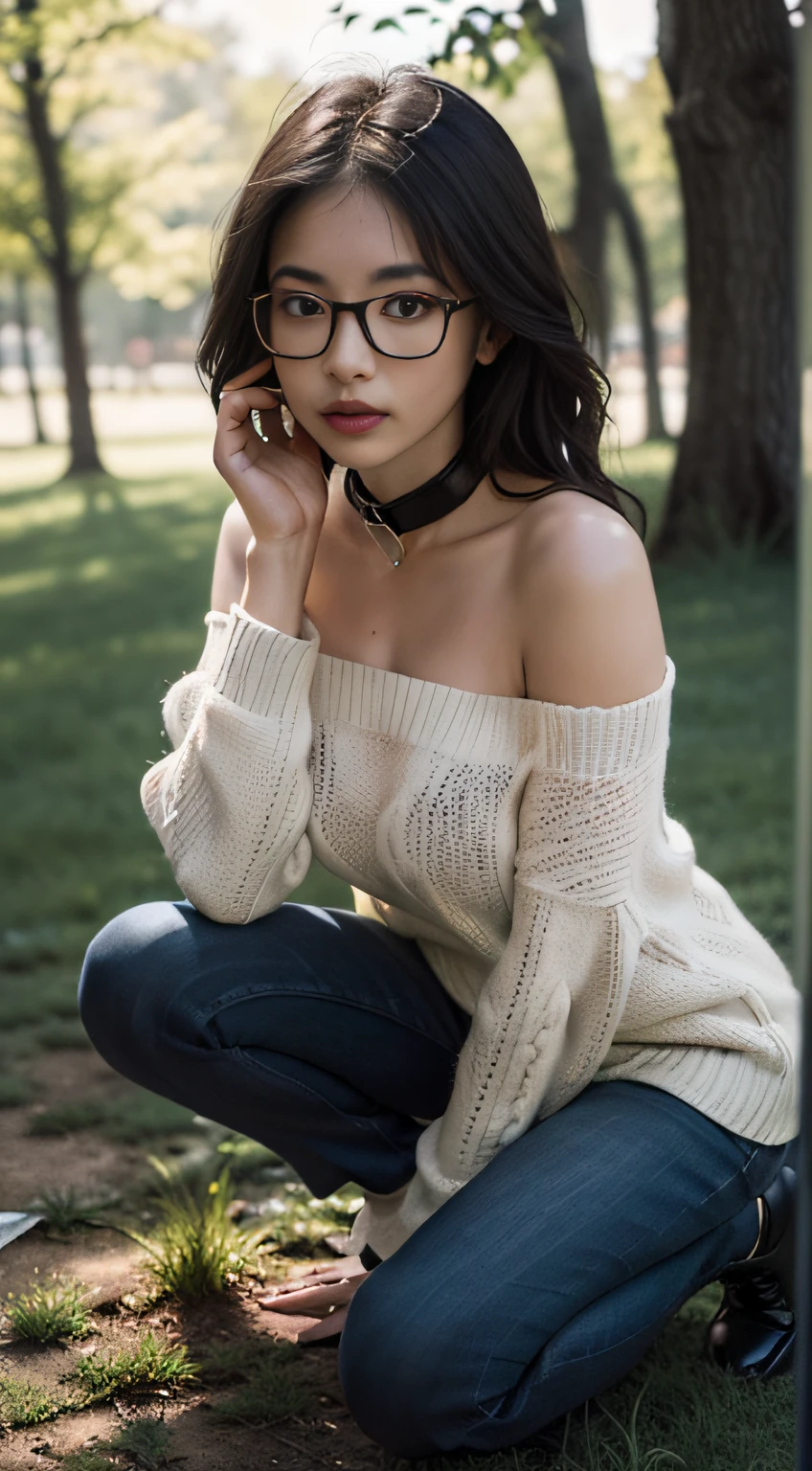 (full bodyesbian:1.5)，(((1girll)):1.3),(view the viewer:1.4)，((anatomy correct):1.45),((Kneel on the meadow of the forest):1.2),(She wears large glasses),(Shy:1.15)，(Wearing a black off-the-shoulder sweater:1.2) ,(Black pantyhose):1.3),( Women's high-heeled leather shoes，With collar:1.1)，(Accurate and perfect face:1.3)，hyper HD, Ray traching, reflective light， structurally correct, Award-Awarded, High detail, Fade-in and fade-out shadow contrast, Face lighting ，Cinematic lighting, Masterpiece, super detailing, High quality, High detail, Best quality, 16k，High contrast,