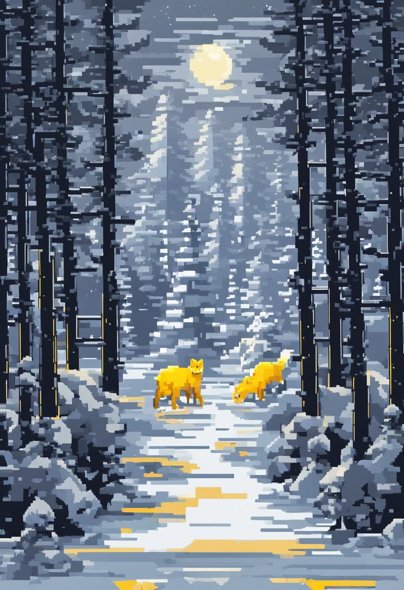 Snowy forest with yellow eyes in darkness