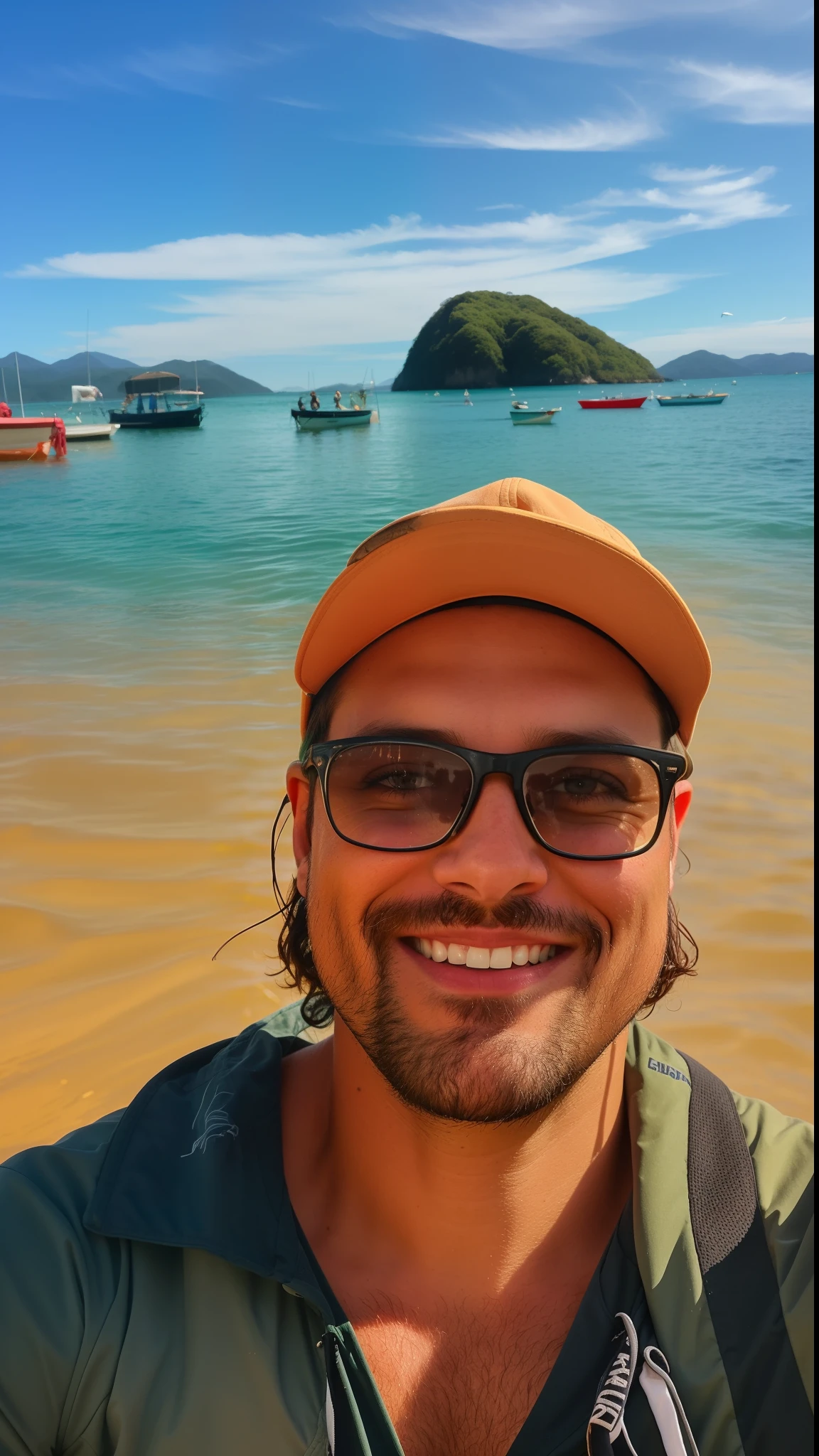 there is a man with sunglasses on posing for a picture, com montanhas ao fundo, Lago ao fundo, com montanhas no fundo, Prado ao fundo, com montanhas como pano de fundo, Colinas ao fundo, em um grande campo verde gramado, rio ao fundo, Fotografia selfie 8k, em frente a um fundo de floresta, with a volcano in the background