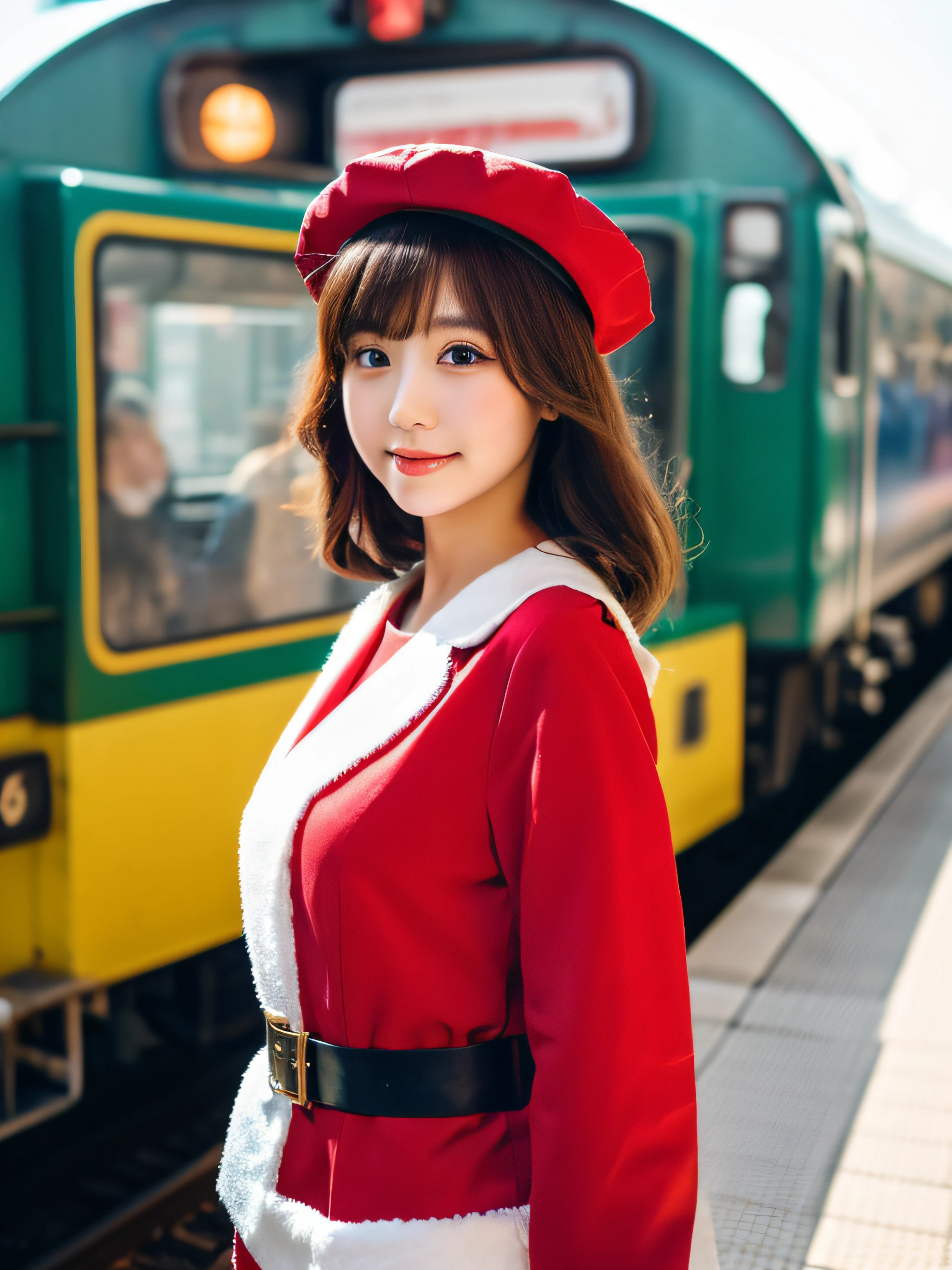 top-quality、16k image、1 Japan Female、Wearing a bright red Santa Claus costume、a miniskirt、A detailed face、Detailed pupils、Beautiful lips、slenderbody、When I was on the platform of the station, Japan steam locomotive D51 came in、ＳＬWave to、Photographed by a professional photographer