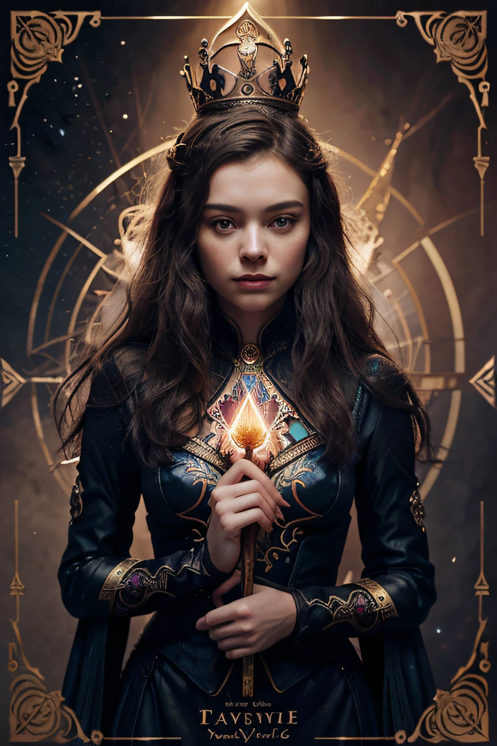 A tarot card of a beautiful and beautiful queen , magia fractal, illustration in the style of Travis Charest, linha de tinta, poster, Modelo Elle Fanning, CGSetnation, arte de fantasia, Detailed illustration, mistic, A botanical masterpiece, circunstanciado, hyper-realistic, elemets do simbolismo e do surrealismo, design intrincado, entwined, Gorgeous woman