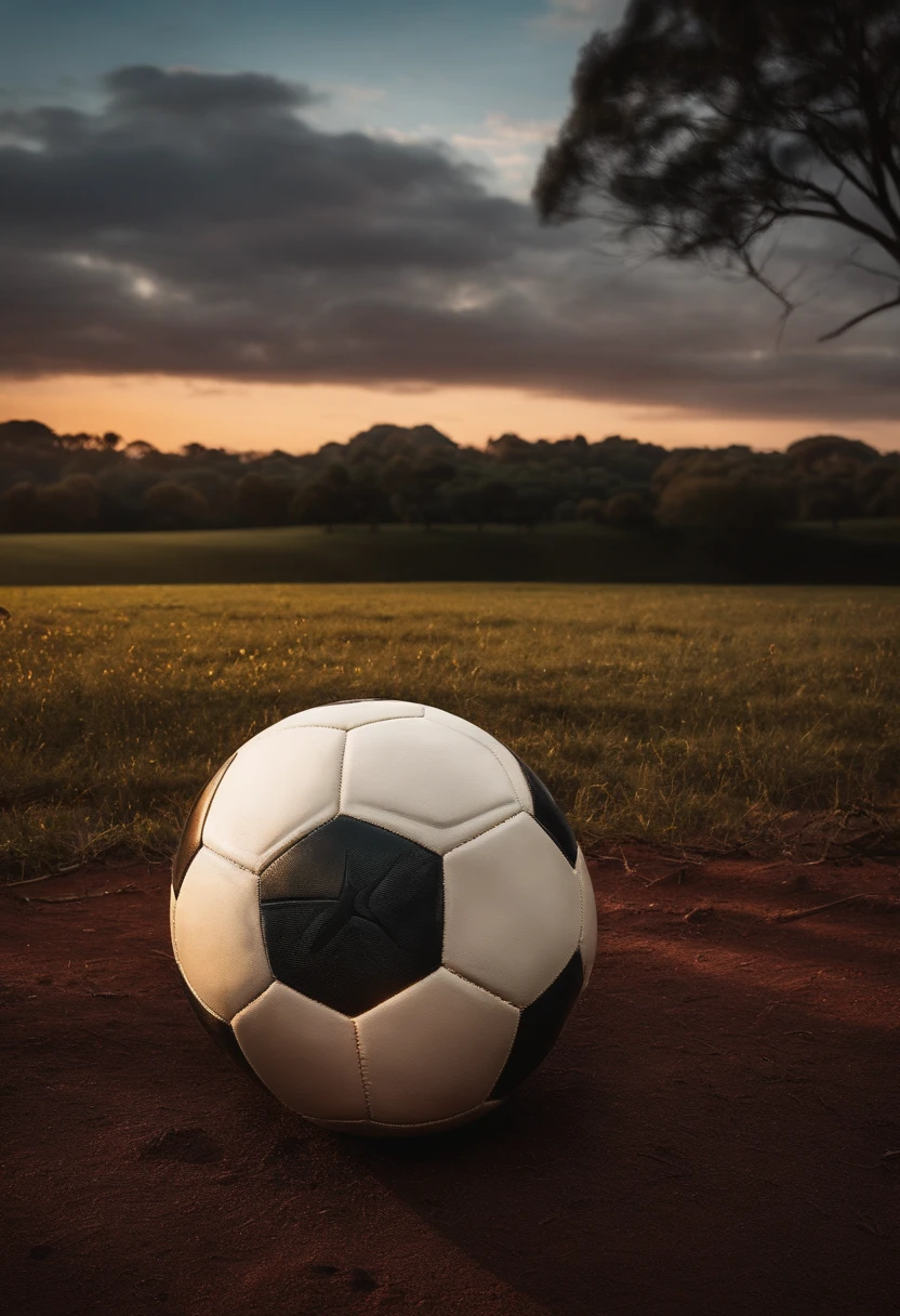 Um campo de futebol com alambrado ao redor e com pes de eucalipido no fundo do campo, no por do sol