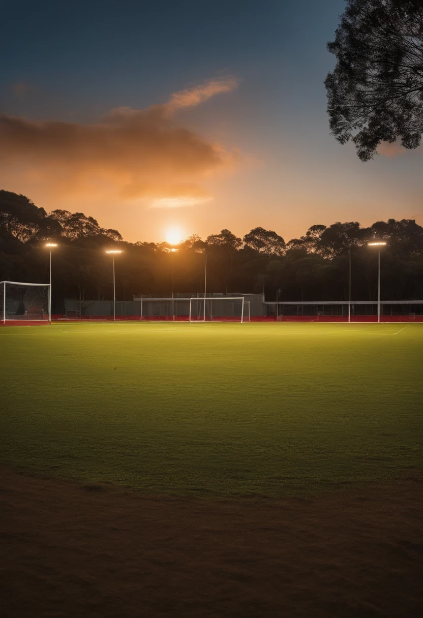 Um campo de futebol com alambrado ao redor e com pes de eucalipido no fundo do campo, no por do sol