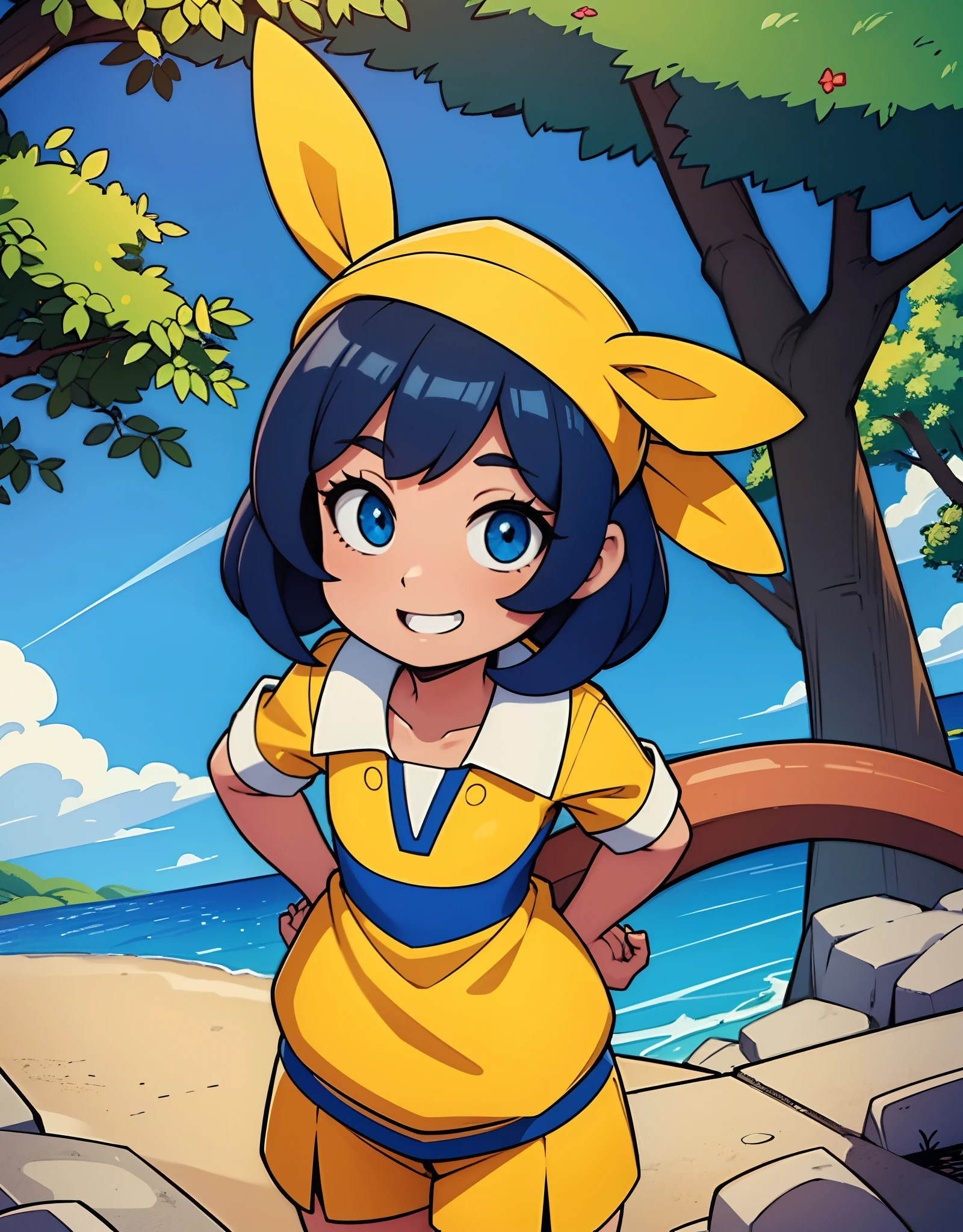 colegial, cabelo vermelho, ????? pequenos, (quadris largos: 1,2), standingn, sorriso, uniforme escolar, minissaia azul, hands on the sides, olhando para o observador, fora, Near the tree, arms behind back, (estrada: 0,6), pov, olhando para o espectador, olhando para o espectador, olhos perfeitos, olhos amarelo, flor de cerejeira