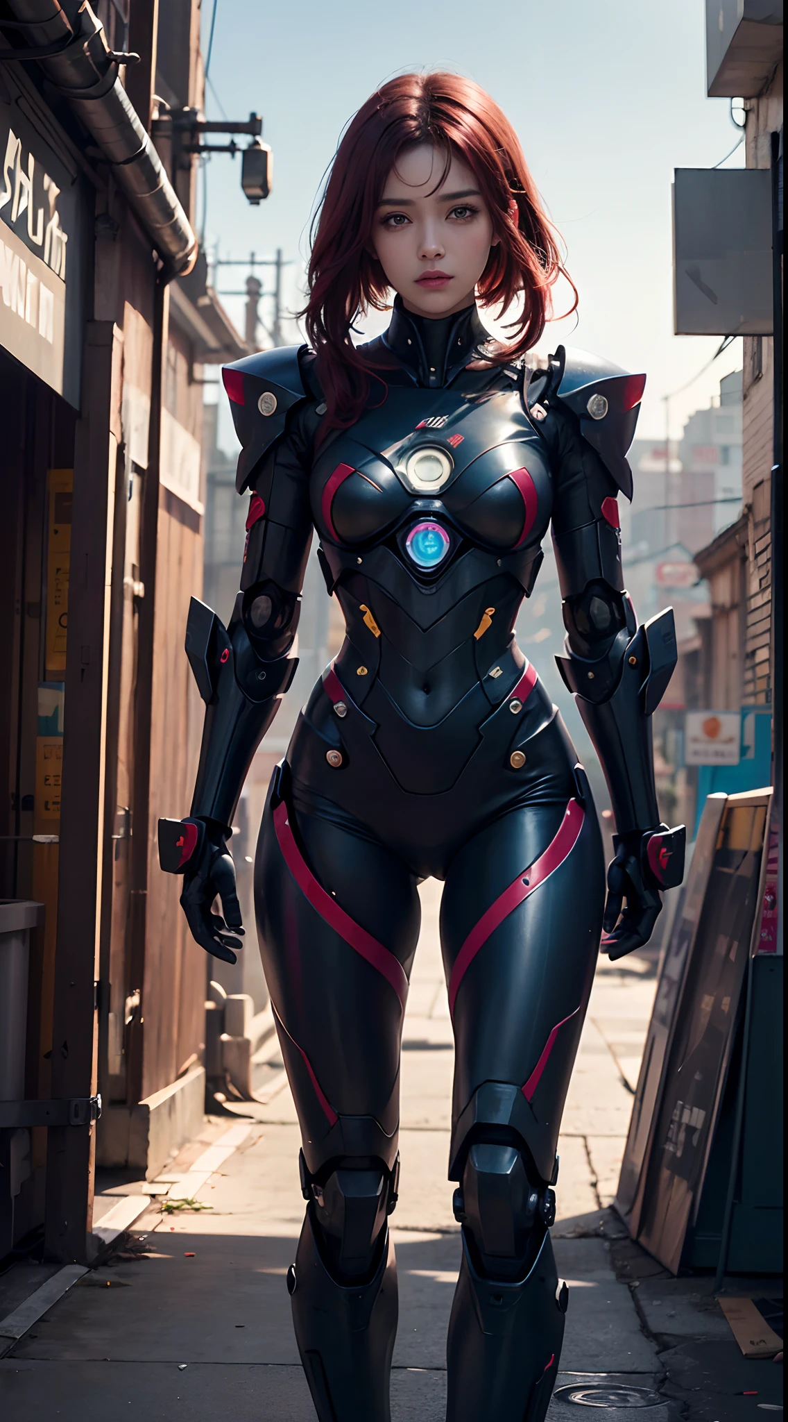 ((Obra maestra, La mejor calidad)), illustration, 8K ultra detallado, realista, Enfoque claro, Altamente detallado, Pro Lighting, Detalles coloridos, Rainbow Color BREAK, Factory Long Rise, large mechanical robot structure, microchip, ordenador, ((resplandecer)), Detalles intrincados, shitu-mecha, 1girl, mecha, Ombligo del vientre, Imagen en color, (cyberpunk), (crimson hair: 1.2)