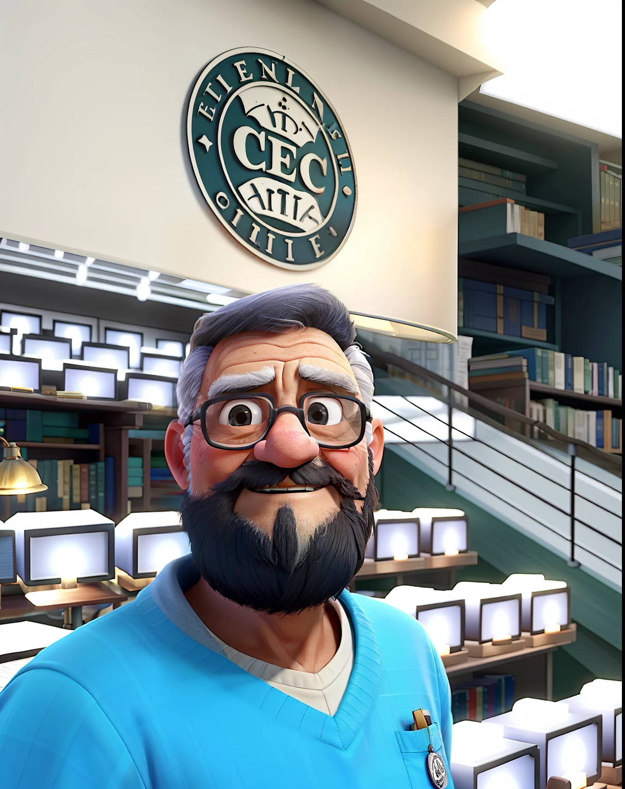 A wise old man standing in front, illuminated by the light of a lamp, against the backdrop of a library