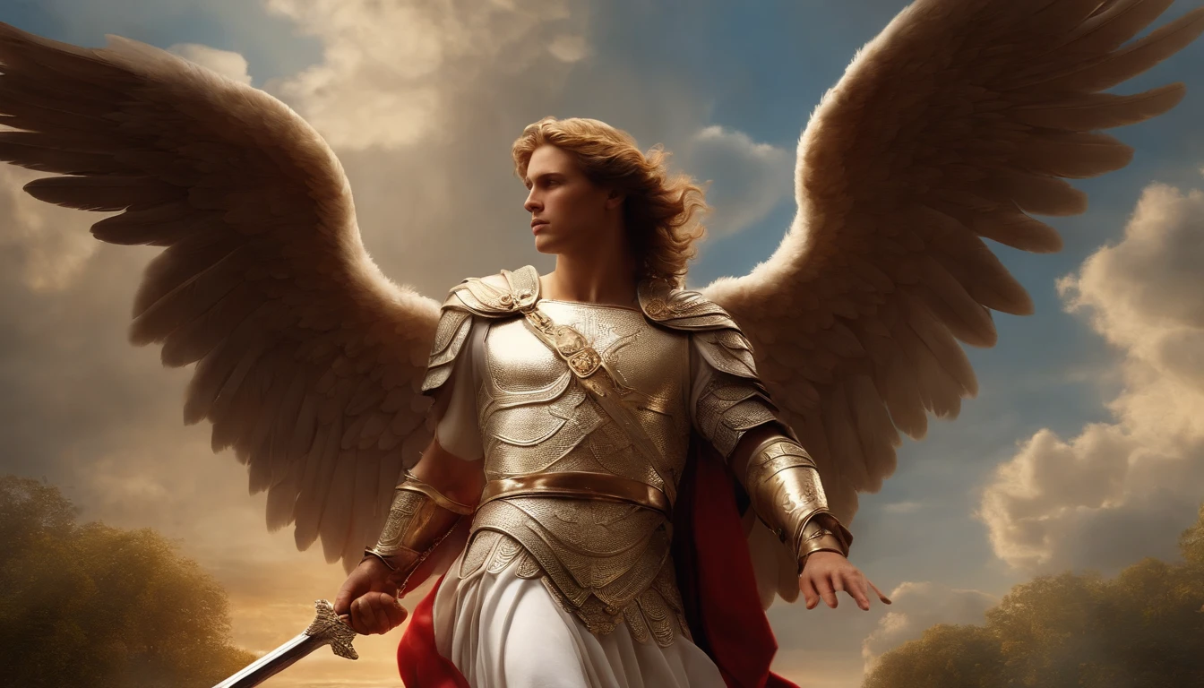 Close-up of an image of a male angel with a large and long sword with an attacking posture in his right hand, in his other left hand holding a scale, angel dressed as a Roman soldier looking at the ground, male archangel with large wings, the angel of fortune, perfect biblical setting, realistic, Biblical Paradise setting, ultra-realistic sun and clouds, flowers and candles, Archangel of the Illuminated Heaven, colorful flowers, lit candles, white and red clothes