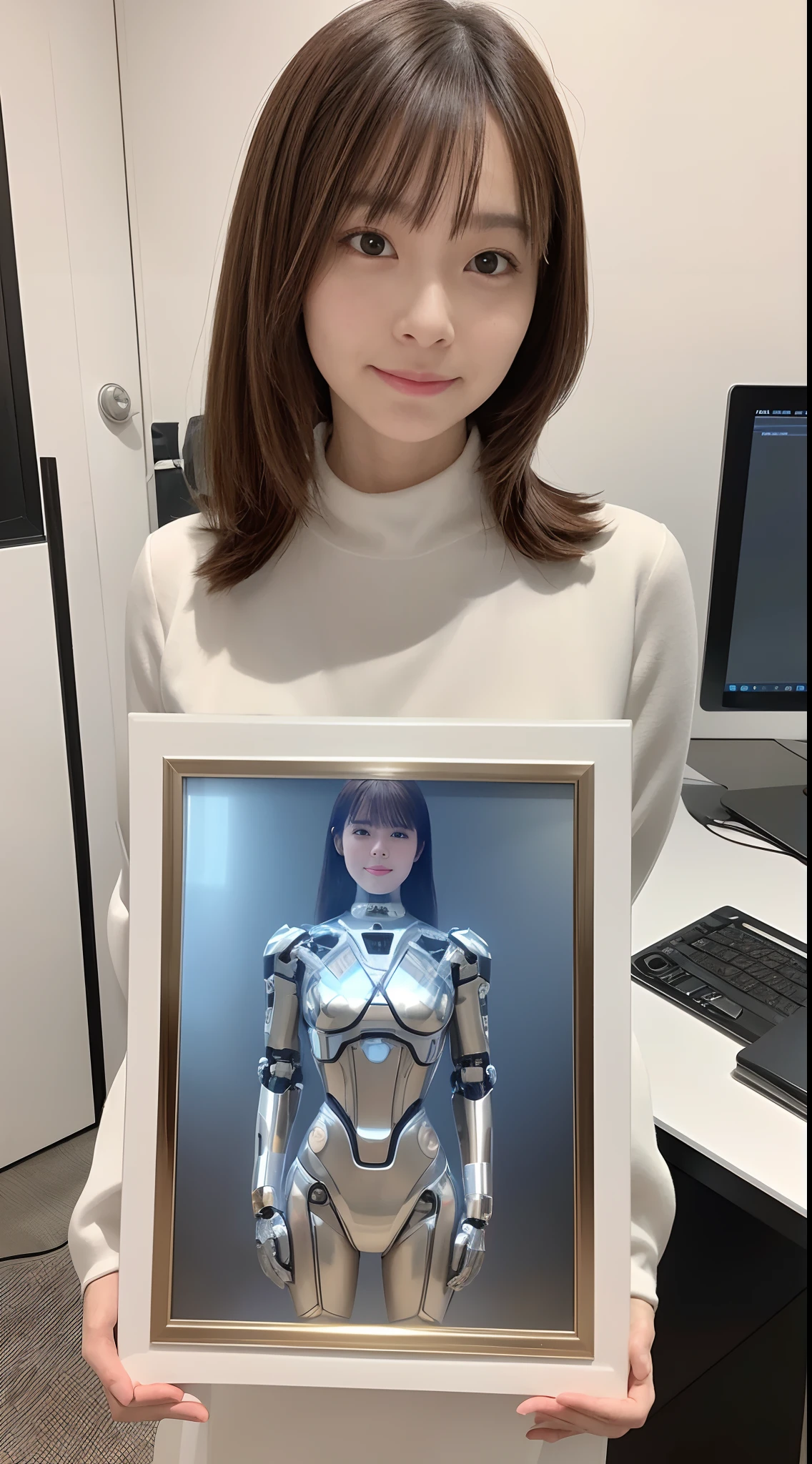 A woman who has been robotized From the neck up remains human Torso is a metallic body Smiling standing in a bright room There is a desk next to it and a photo frame on top. The photo frame contains a picture of her when she was human.