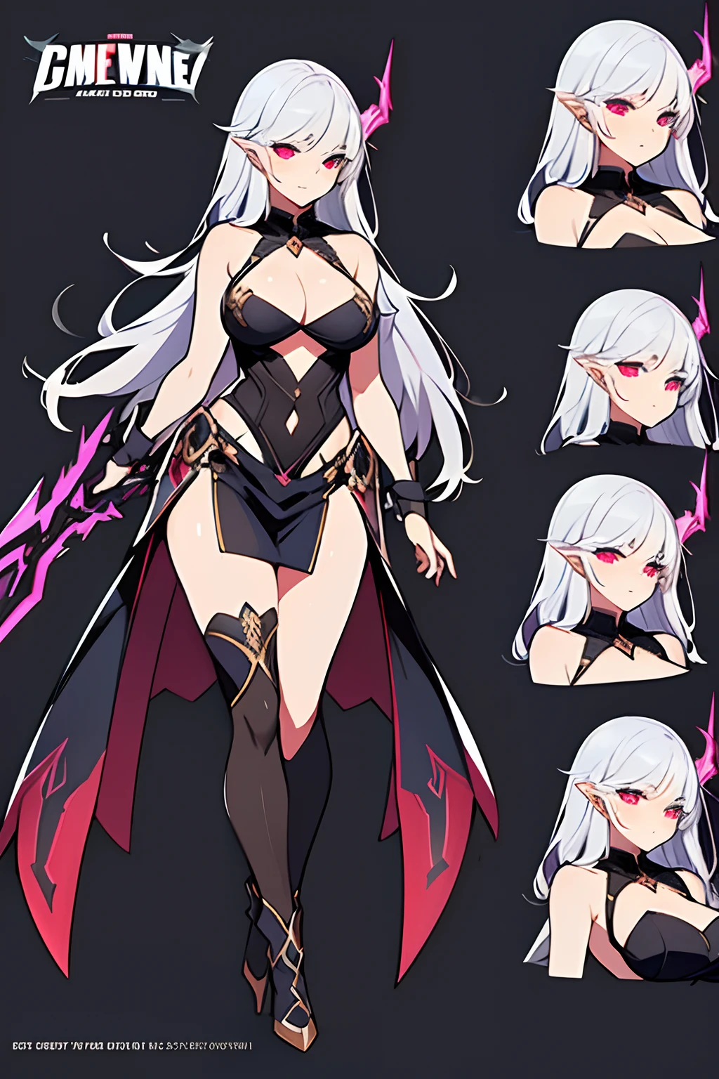 Close-up of a woman in a sexy outfit, wearing a mini skirt, with flowing hems, translucent fabric, ((character concept art)), ((Character design sheet, Same character, front, side, In back)) Character Image, graphic novel character design, adult comics, graphic novel character design, The women's hair is long silver with a golden parting, age: youth, eye color: heterochromia: One eye one is red, the other is black, (SCI-FI Одежда), Elau wears gloves with short cuffs on his hands, Wears special boots, with thin heels, high heels.  When using certain skills, devilish horns appear on the head.  He has a codename on his neck, High detail specialized concept art, Mysterious girl concept art, Fun character design.  ConceptArt, avenging angel, (weapon:fire sword).
