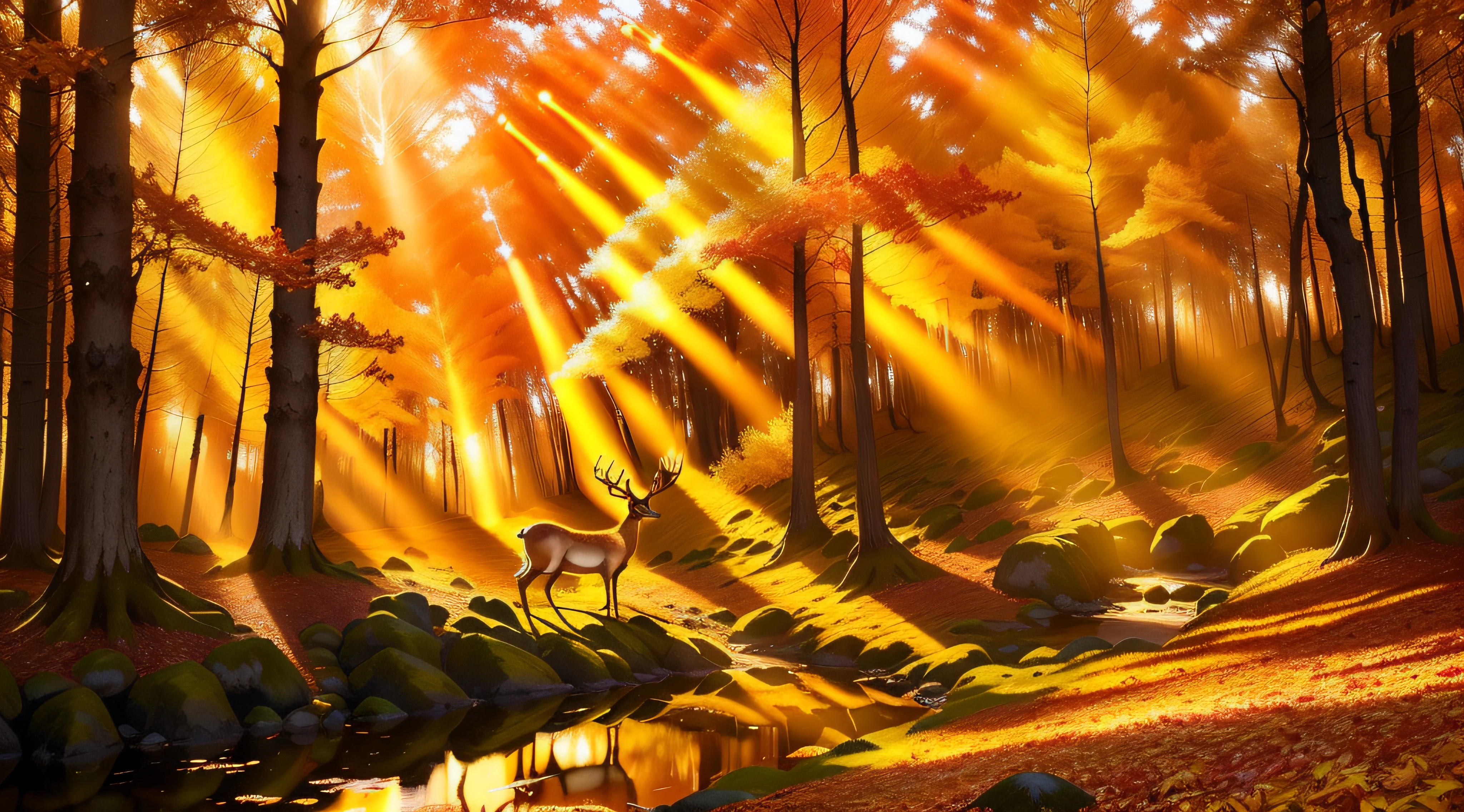 a deer standing in the middle of a forest with sun shining through the trees, beautiful autumn spirit, autumn sunlights, autumn tranquility, soft autumn sunlight, beautiful forest scenery, autumn light, beautiful forest, golden autumn, in the autumn forest, looking majestic in forest, in the autumn, really beautiful nature, bathed in golden light, autumn forest, forest ray light