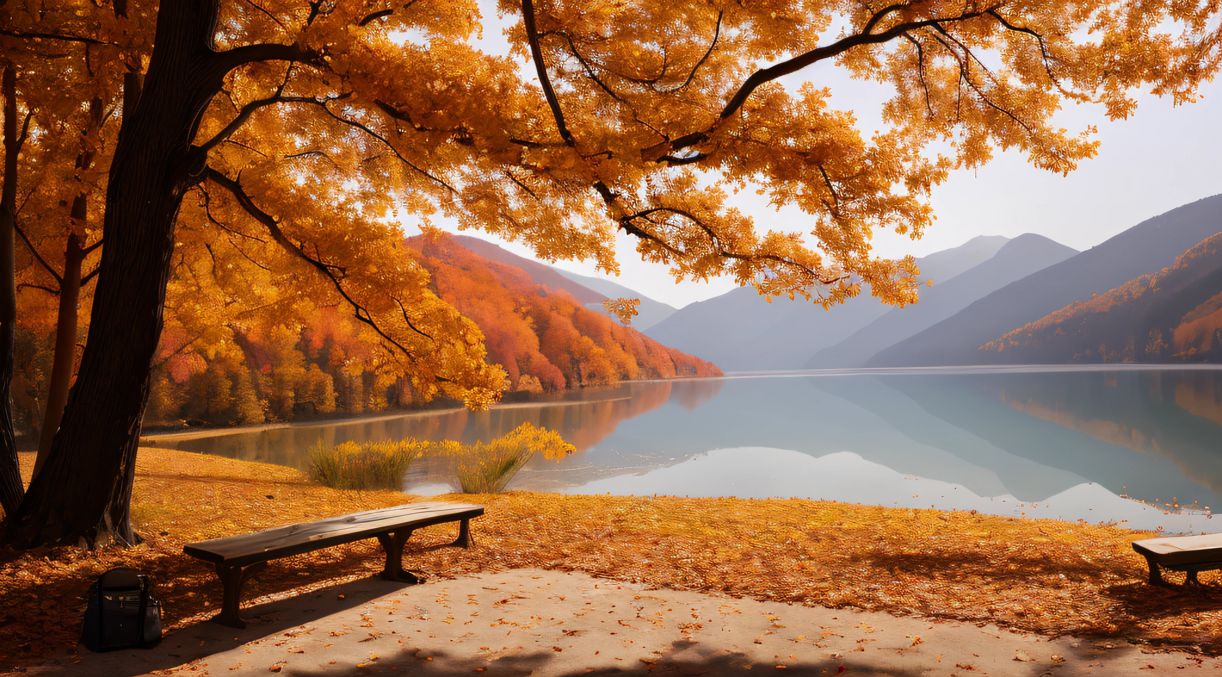 there is a bench sitting on the side of a lake in the fall, autumn tranquility, in the autumn, during autumn, autumn season, warm beautiful scene, beautiful high resolution, nature wallpaper, hd wallpaper, beautiful wallpaper, scenic colorful environment, sit on a bench, in autumn, scenery wallpaper, nature scenery, peaceful atmosphere, quiet and serene atmosphere, beautiful place, benches
