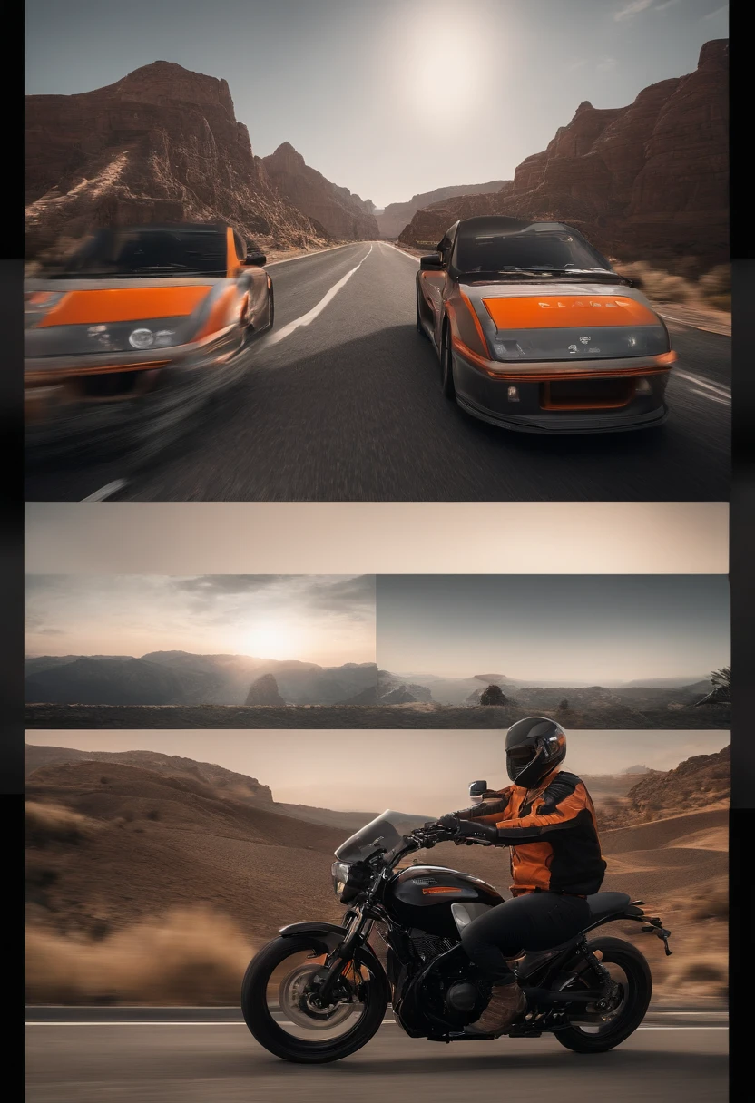 (8k, extremely high quality, master part: 1.2), ultra detalhe, extremely high quality, Ultra high resolution, professional lighting, photon maping, radiosidade, rendering physically based, Cinematic lighting, (8k, extremely high quality, master part: 1.2), ultra detalhe, extremely high quality, ultra high-resolution, professional lighting, A man of medium height in a black biker jacket with large details on the chest and sides in red, capacete de cor cinza com a viseira preta fosco,em cima de uma moto da Kawasaki modelo ER6N Modelo 20010, predominantly orange in color and the tail of the black motorcycle taking a ride through a big city full of buildings but with little traffic