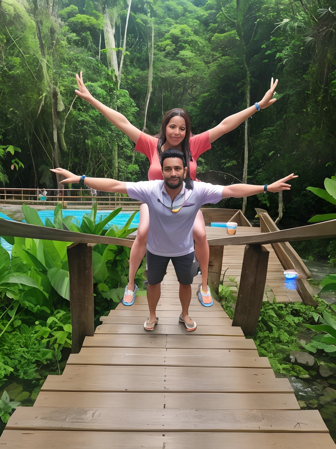 There's a man and a woman standing on a wooden bridge, As Piscinas, vacation photo, na floresta da selva !!!, em um ambiente de selva, na selva, Malika Favre, divertindo-se, Selvas ao fundo, em uma selva, foto de marketing, em uma floresta tropical, em um rio na selva, foto de cima para baixo, na selva