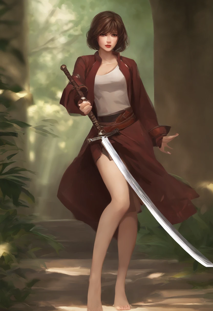 1girl, sozinho, Roupas japonesas, short hair, arma, espada, olhos castanhos, Olhando para o Viewer, quimono, brown hair, lips, hand on hip, bainha, sorrir, Katana, cabelos pretos, parte superior do corpo, boca fechada, Embainhados, Hand up