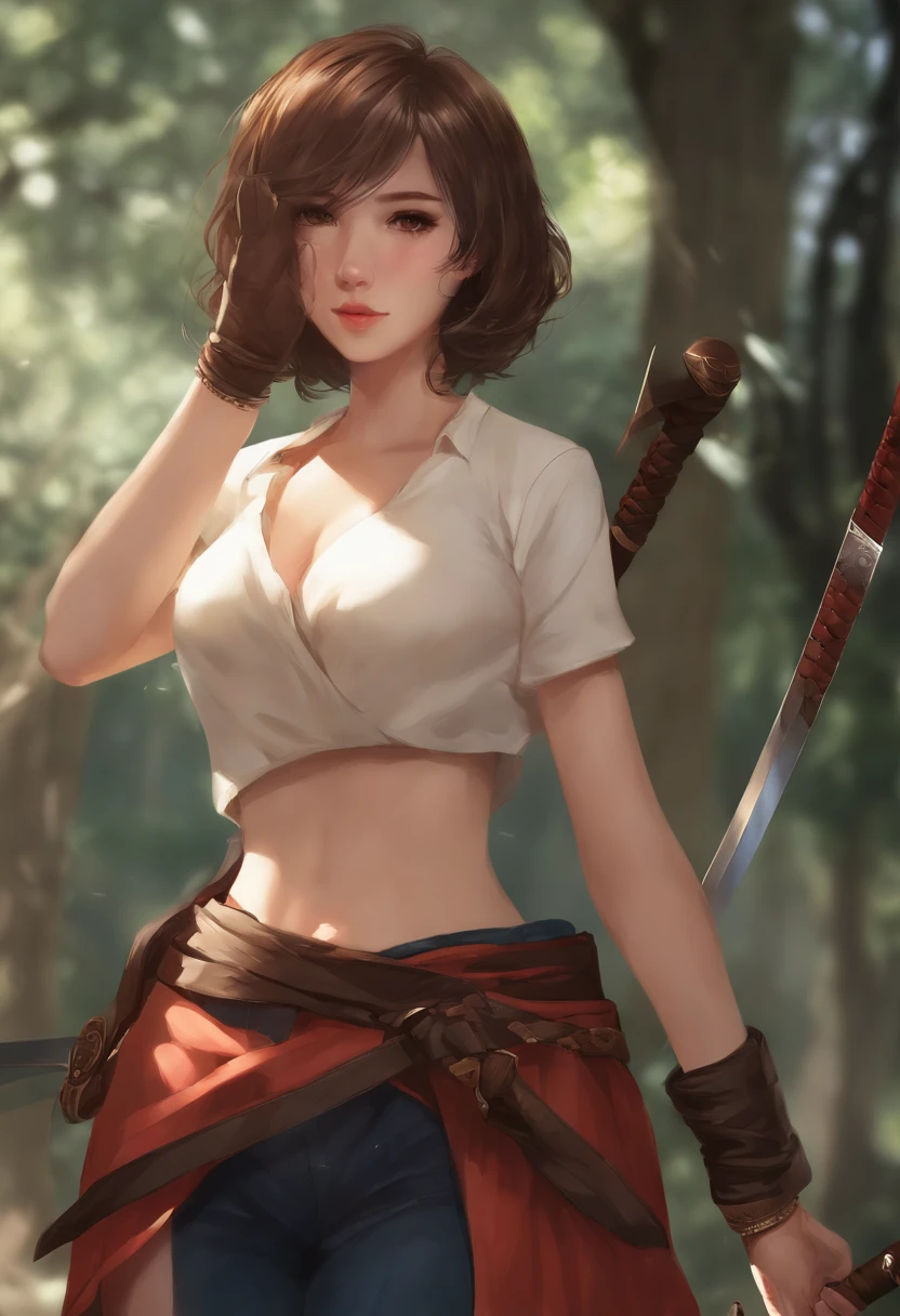 1girl, sozinho, Roupas japonesas, short hair, arma, espada, olhos castanhos, Olhando para o Viewer, quimono, brown hair, lips, hand on hip, bainha, sorrir, Katana, cabelos pretos, parte superior do corpo, boca fechada, Embainhados, Hand up