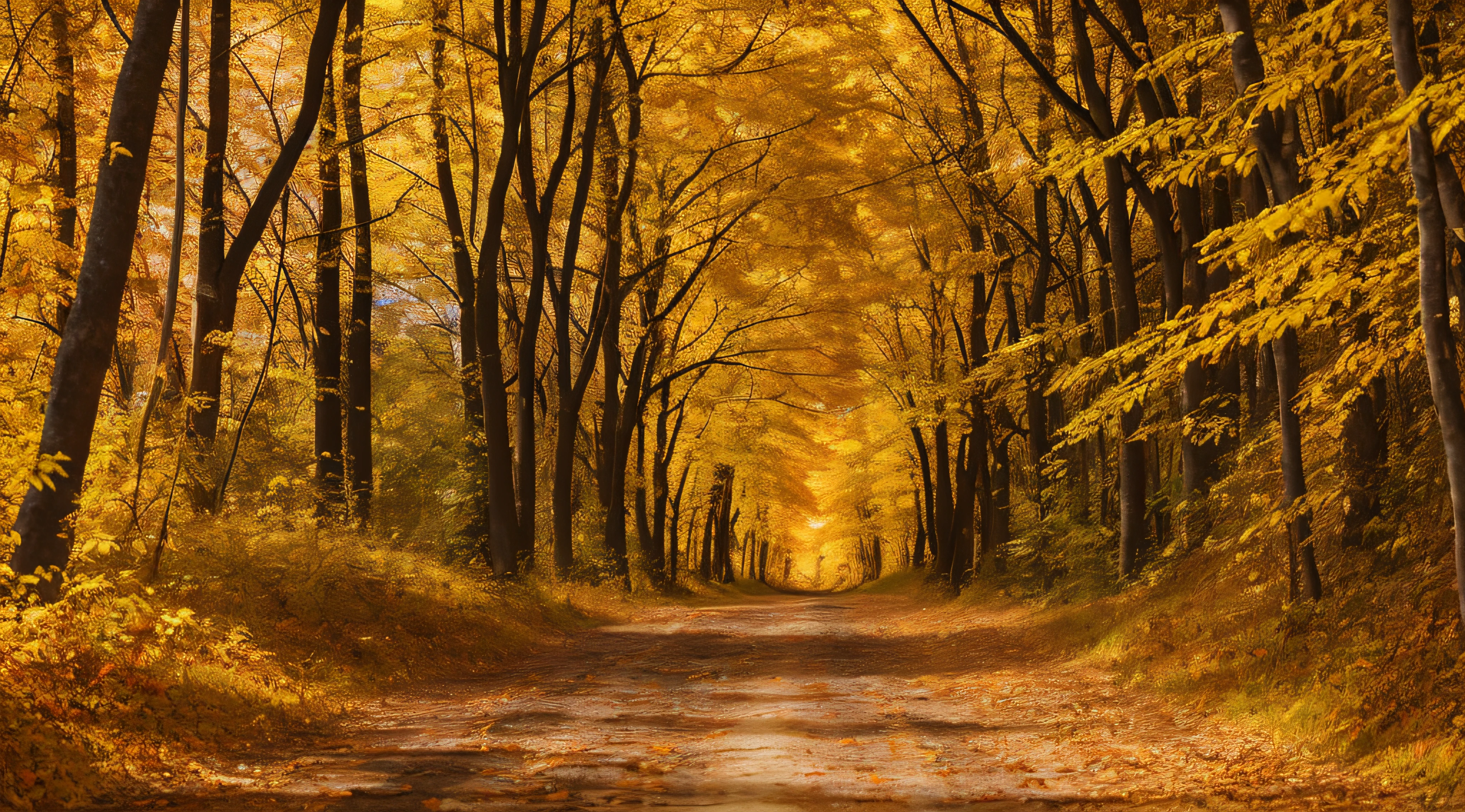 a close up of a dirt road surrounded by trees with colorful leaves, autumn forest, forest colors, vibrant autumn colors, colorful autumn trees, scenic colorful environment, colorful trees, in the autumn forest, autumn! colors, autumn colors, fall vibrancy, beautiful forest, beautiful forest scenery, beautiful nature, fall colors, sitting in a colorful forest, colorful scene