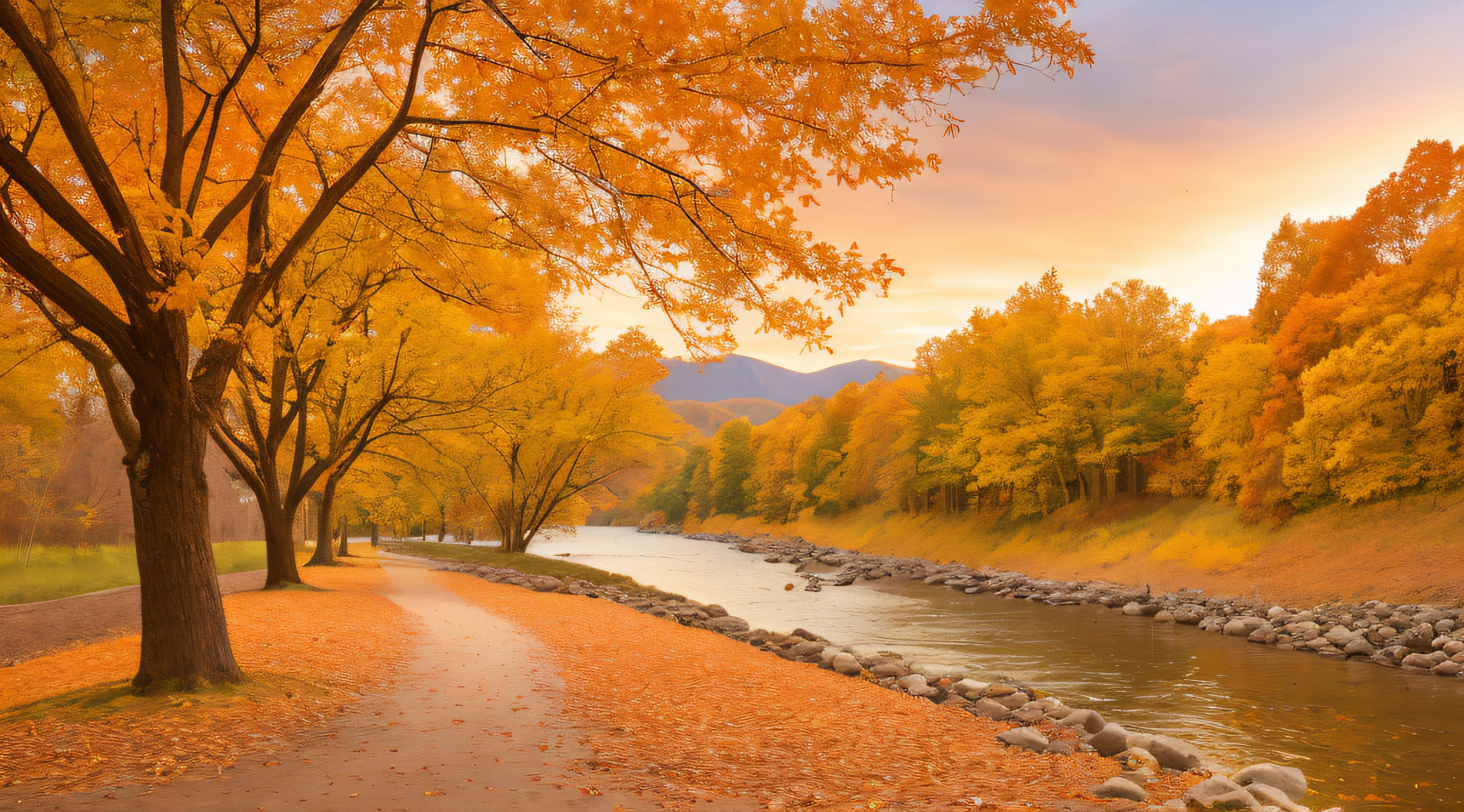 autumn foliage on the ground next to a river and trees, scenic colorful environment, vibrant and vivid, autumn tranquility, colorful autumn trees, sunset with falling leaves, vivid and vibrant, warm beautiful scene, fall vibrancy, vibrant autumn colors, maple trees with fall foliage, autum, vermont fall colors, parks and lakes, autumn sunset, at sunset in autumn
