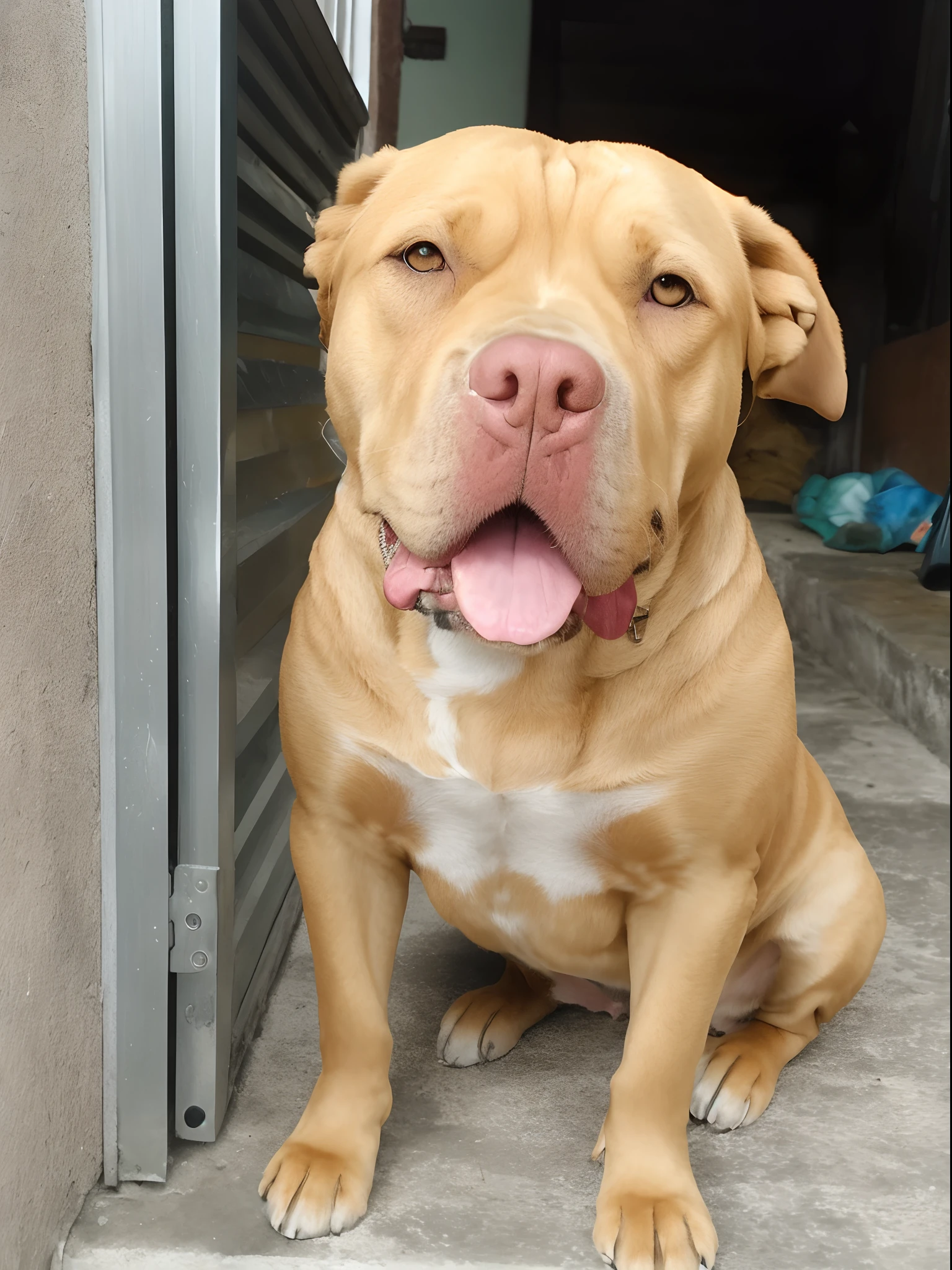 There's a dog that's sitting on the steps outside, olhar orgulhoso, pitbull, Enrugada, Bullies, olhar orgulhoso, Female Appearance, extremamente bonito, pits, muitas rugas, Brutus, orgulhoso olhando para longe, muito bonito, olhando vista frontal, is a stunning, Rocco, Gorgeous features, retrato frontal, 2 anos, um bonito, musculoso