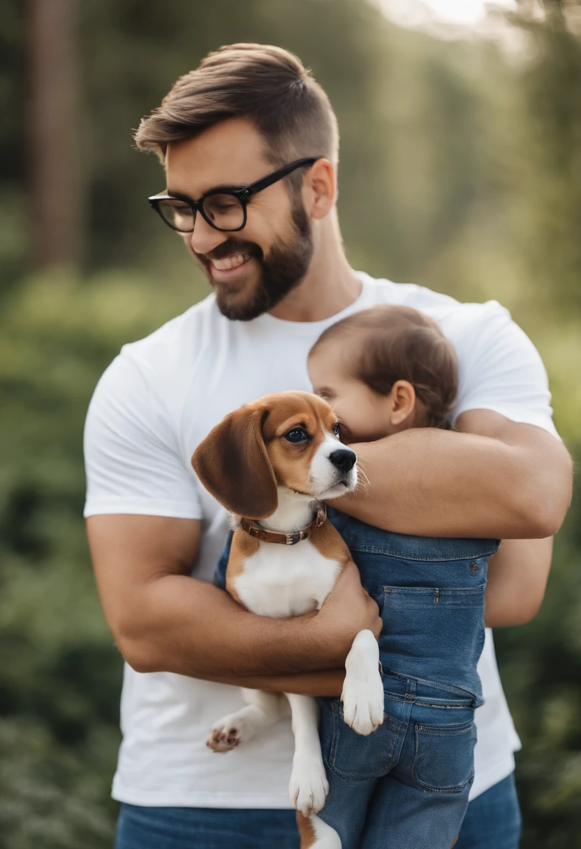 Pixar. Casal com um filhote de cachorro beagle marrom. A menina tem os cabelos loiros amarrados, Camiseta cinza e jeans claro, white glasses. O menino de cabelos pretos com cabelos grisalhos, barba pequena, oculos, Dark blue jeans and gray t-shirt. They are both smiling and are 40 years old