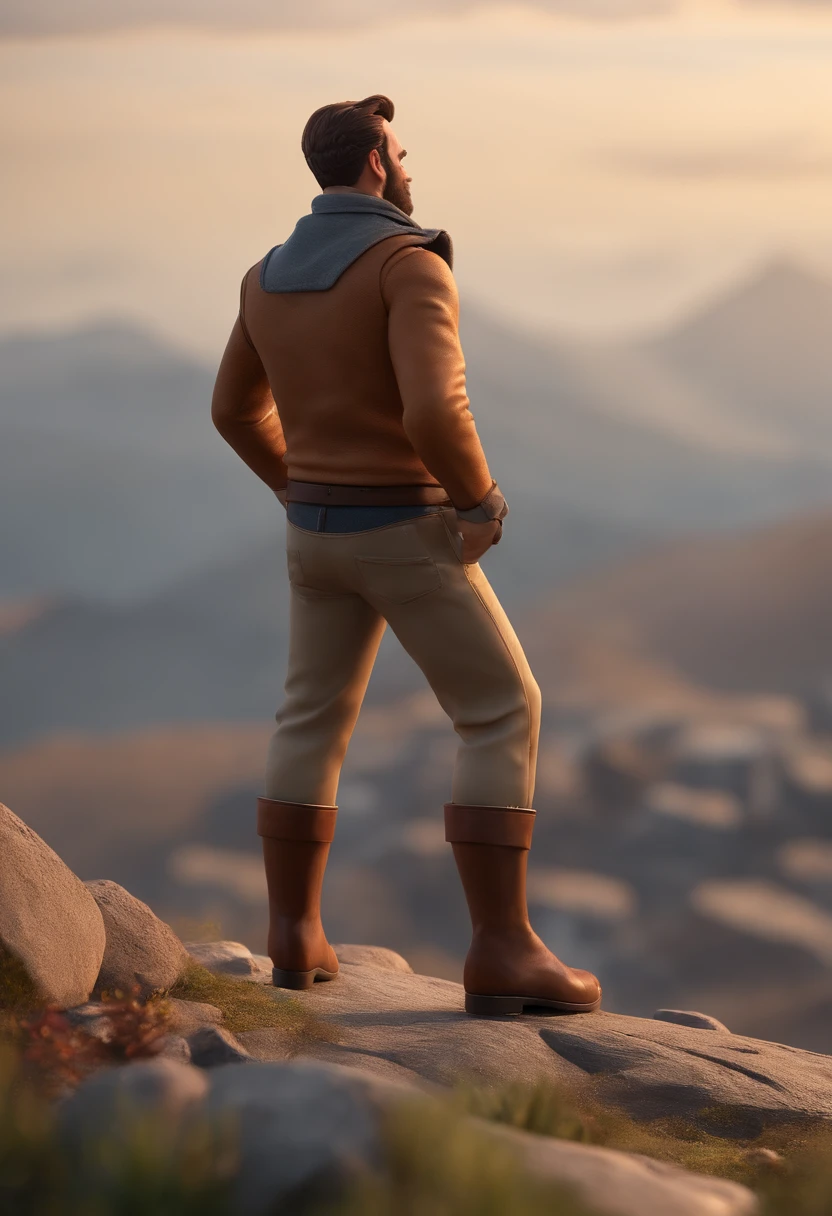 , Arafed man standing on a wooden platform overlooking a city, uma foto de Matthew Smith, instagram, acontecimento, com montanhas ao fundo, com montanhas no fundo, em frente a uma montanha, com uma cidade em segundo plano, com montanhas como pano de fundo, Standing on top of a mountain, standing on the top of a mountain, imagem de corpo inteiro, Animation of standing on the mountain, Caractere estilizado, animation style rendering, 3D estilizado, Arnold Maya render, 3 d render stylized, toon render keyshot, PersonagemPersonagem 3D, 3d rendering stylized, 3 d character render, personagem de desenho animado, Personagem de close up, Pose de personagem, (Estilo Pixar) (master part:1.2) (Bokeh) (best quality) (pele detalhada) (textura detalhada) (8k) (argila) (Cinematic lighting) (foco nítido