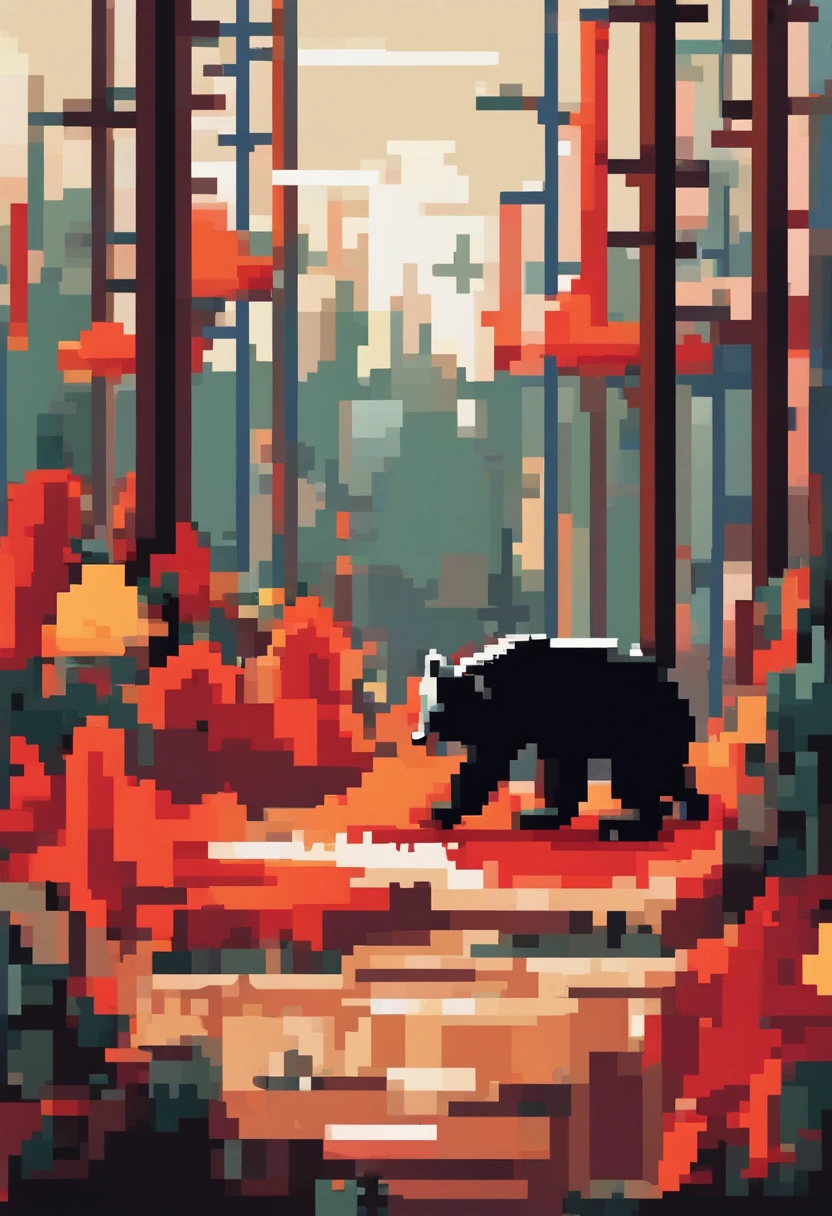 Red and orange highlighted summer forest with black bear and fox