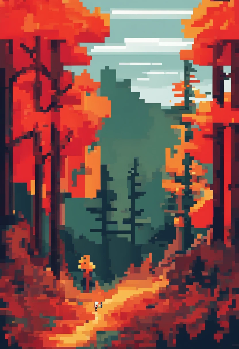 Red and orange highlighted summer forest with black bear and fox