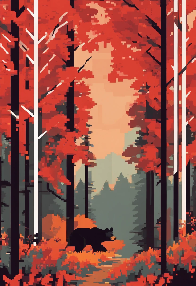 Red and orange highlighted summer forest with black bear and fox