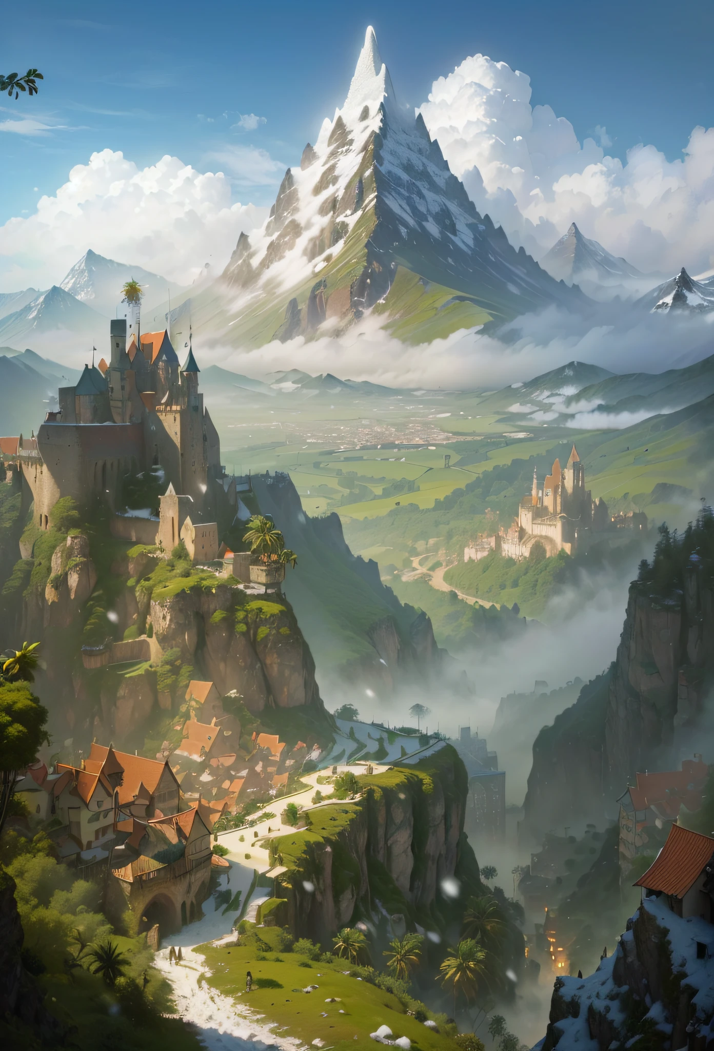 ((far wide view)), (a very tall tropical mountain with a peak full of Snows and Mists:1.5), (large Medieval city at the foot of the mountain:1.8)
