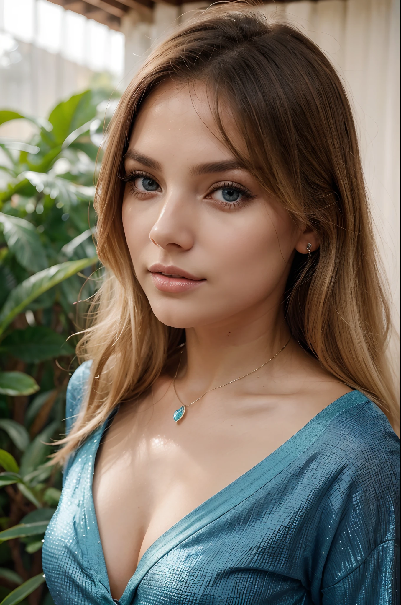 light brown hair, deep blue, natural colors, bright eyes, small necklace, detailed skin with freckles, her nose is small and pointed, 30 years old, smile lines, hazel irises, flat tummy, full lips, earrings,