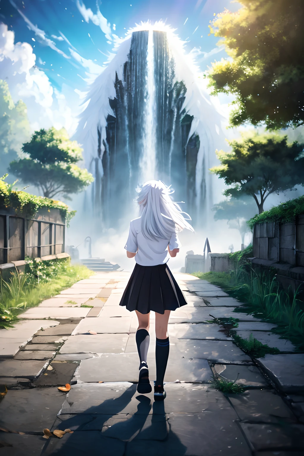 one girl, from afar, walking away, school uniform, white hair, long hair, white tiger in the background, masterpiece, best quality, highres, epic background, anime style, monster in the background,