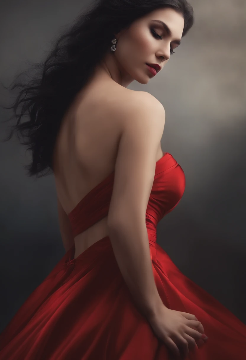 woman, long straight black hair, big bust, red dress, black and white silhouette image, full body, looking at the camera, photorealistic