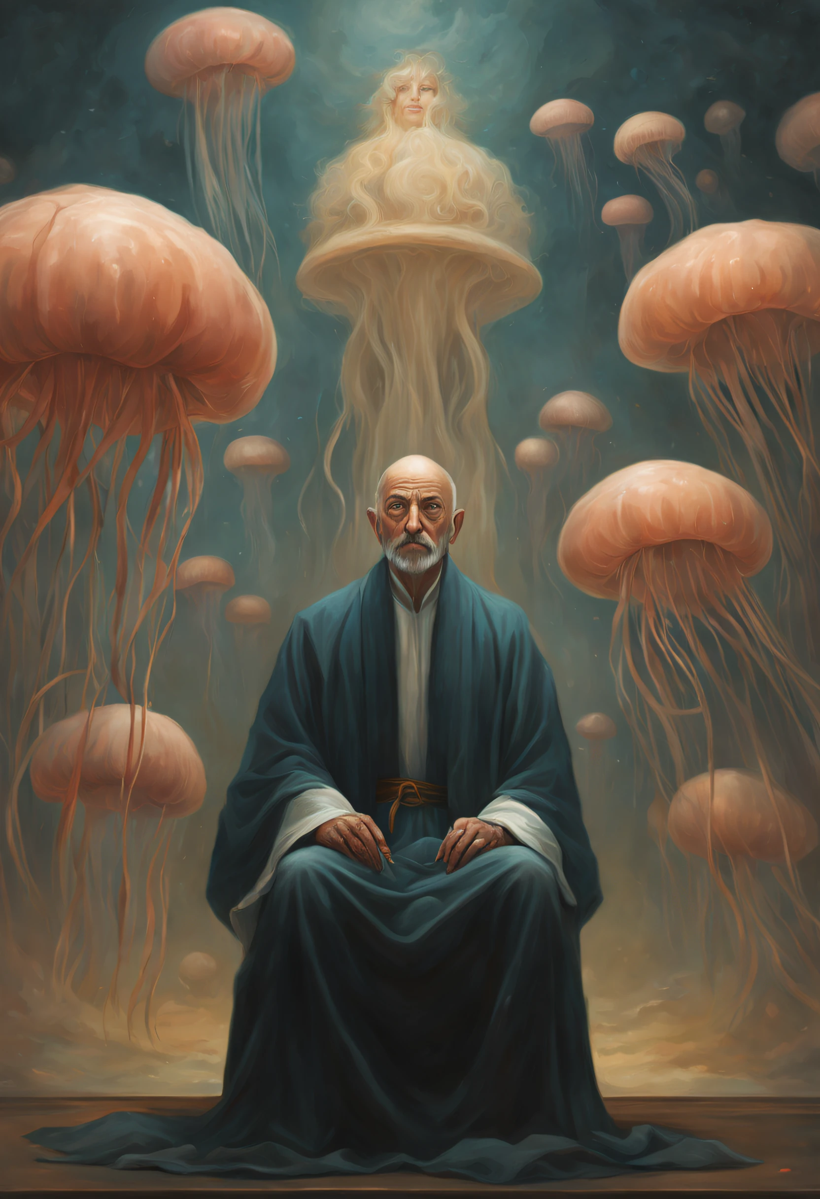 painting of a close-up bald man in robe sitting in front of jellyfish, god of jellyfish, temple of jellyfish, priestess of jellyfish, yuri shwedoff and tom bagshaw, inspired by stefan koidl, moebius + loish + wlop, portrait of a skinner of minds, surreal oil painting, rob rey and kentarõ miura, john stephens