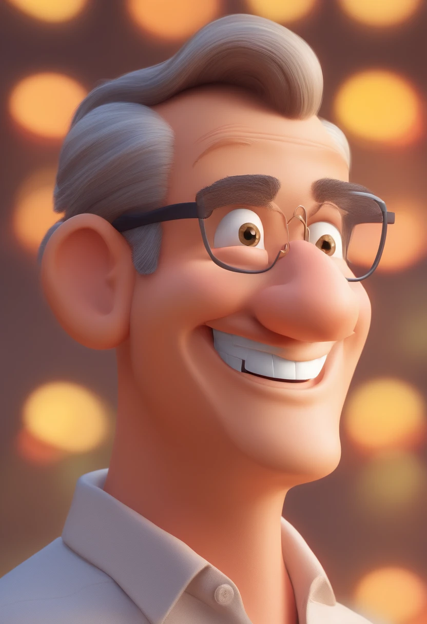 Smiling Man Illustration, sorriso insano, Homem de pele marrom com um sorriso gigante, happily smiling at the camera, sorriso atrevido, grey beard, thinning hair, thick glasses, he's smiling, sorriso muito grande, Macho sorridente, foto de perfil headshot, rindo sorriso enorme, desenhando no estilo de Arte 3D, c4d, fundo de cor branco puro, estilo disney, estilo pixar render ilustracao Super Detalhe, 8k