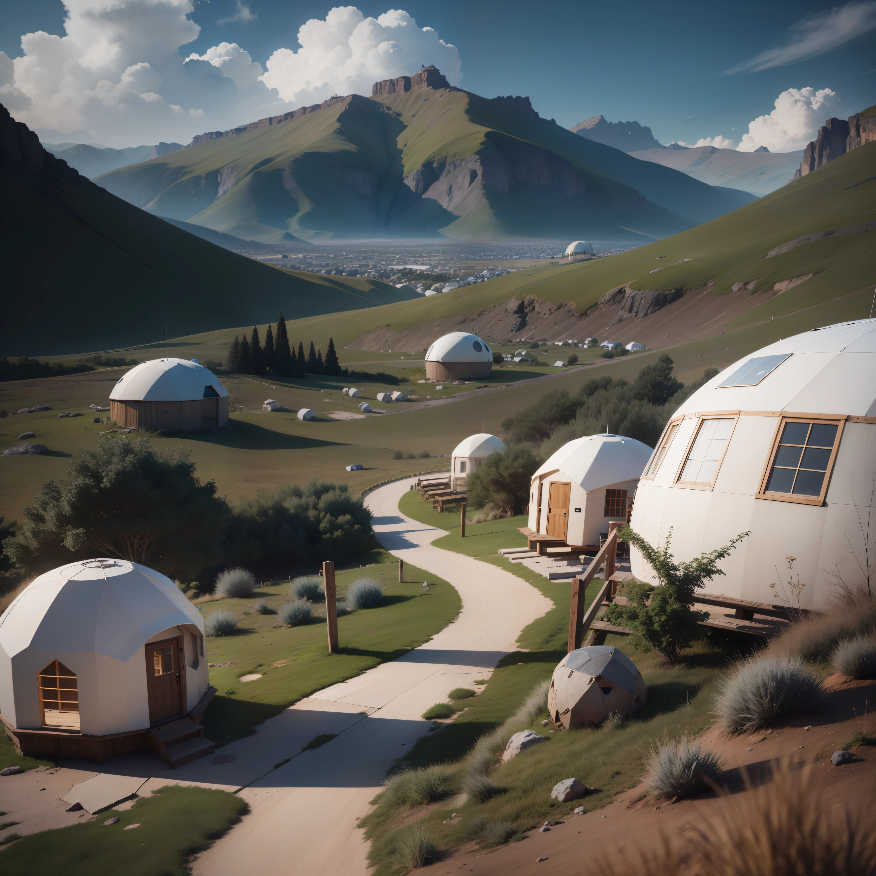 Mountain area at the foot of the sea, Undergrowth zone, Arquitetura futurista, construction of various igloos, Glamping, domos,Arquitetura futurista, Bioclimatic Architecture, Iglos brancos, white domes, tendas, Campismo, solar panels. tendas zen sobre plataformas de madeira em estacas no terreno, wooden walkways between the igloos, Arquitetura Deslumbrante, renderizado, Ultra HD 3d hiper-realismo, muito detalhe, obra-prima, mais alta qualidade, detalhe intrincado, melhor textura, realista, 8k, luz suave, sombra perfeita,
celestial, , Sleeping capsule, Ubobadadas , e de realidade virtual