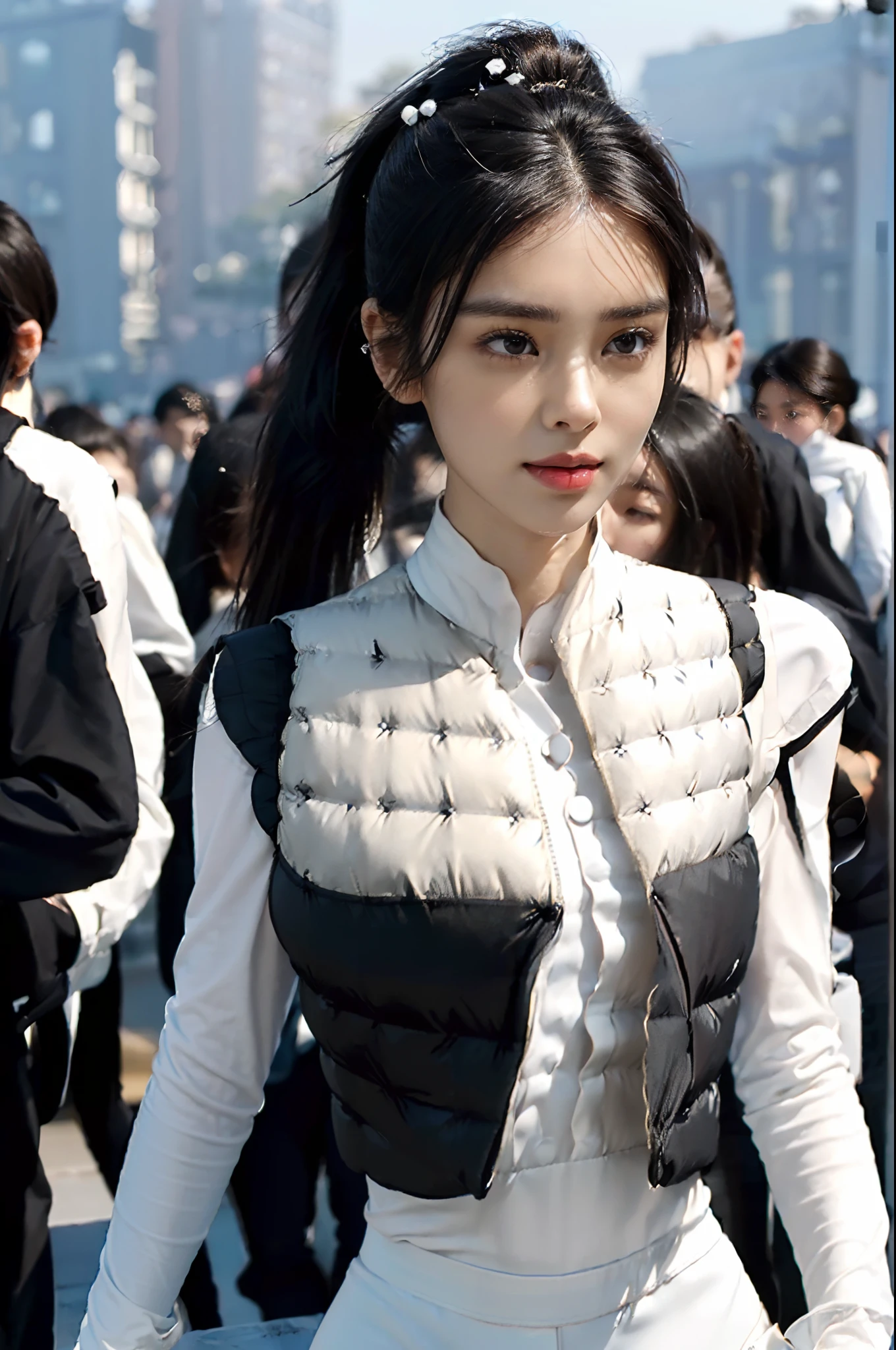 (shoulder length straight short black hair:1.2),((((8k))),(Extremely meticulous CG) ,(wallpaper),16k,(Extremely refined and beautiful），（Masterpiece），（best qualtiy：1.0），（Ultra High Resolution：1.0），beautiful light up，Perfect lightning，realistic shaded，[A high resolution],(Smooth and flawless fair skin:1.5),Extremely exquisite facial details,(perfect body：1.1),ultra - detailed,A beautiful girl,small head,(very short ponytail:1.2),(Small breasts:1.1),Flat chests，slim，thin，Smile，cheerfulness,(long black puffer vest:1.5),(white long sleeved shirt:1.4),(black pants:1.3),（black sneakers:1.2),slender legs,(nightfall:1.5),Sunset light,(Surrounded by a crowded crowd:1.5),At the school gate,(upper body:1.1),from front