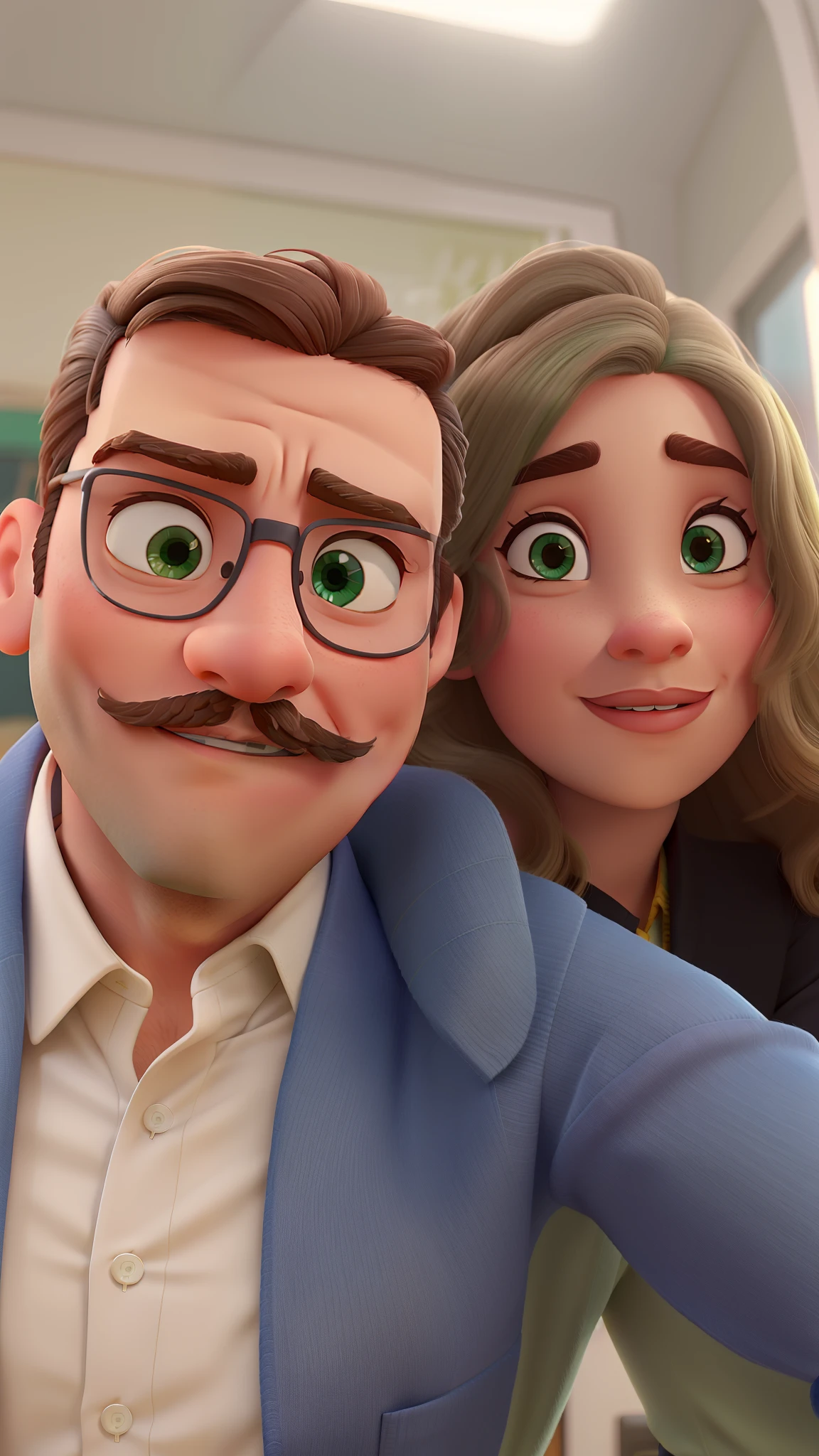 Homem de terno com bigode , cabelo cacheado curto e mulher de vestido de noiva com os olhos verdes e com cabelo cacheado , apaixonados, Disney pixar |