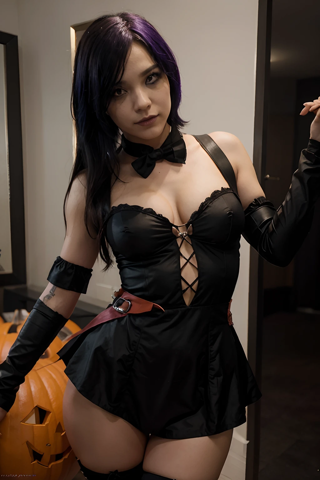 una foto sexy del personaje de valorant denominada como Killjoy, figura realista como si fuera un traje de halloween asiatica