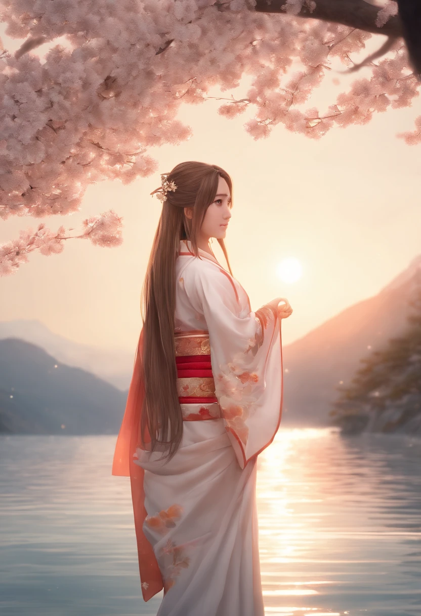 Asuna, Masterpiece, Best quality, Detailed, (1girll), Solo, Detailed golden eyes, Long hair, standing, close to viewer, (Detailed kimono), Light smile, Medium breasts,  (arms back behind), water, Sunset, (hair adornments), (Sakura blossoms),  Snowy mountain lake in the background