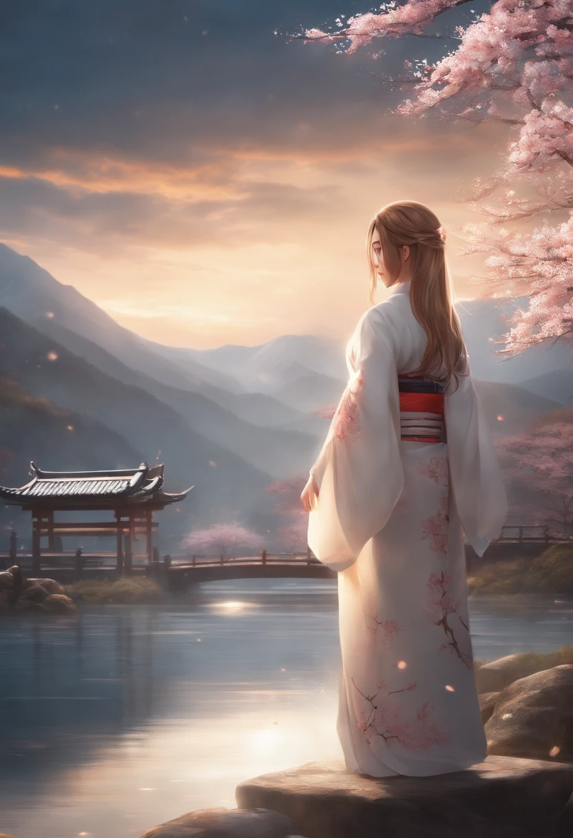 Asuna, Masterpiece, Best quality, Detailed, (1girll), Solo, Detailed golden eyes, Long hair, standing, close to viewer, (Detailed kimono), Light smile, Medium breasts,  (arms back behind), water, Sunset, (hair adornments), (Sakura blossoms),  Snowy mountain lake in the background