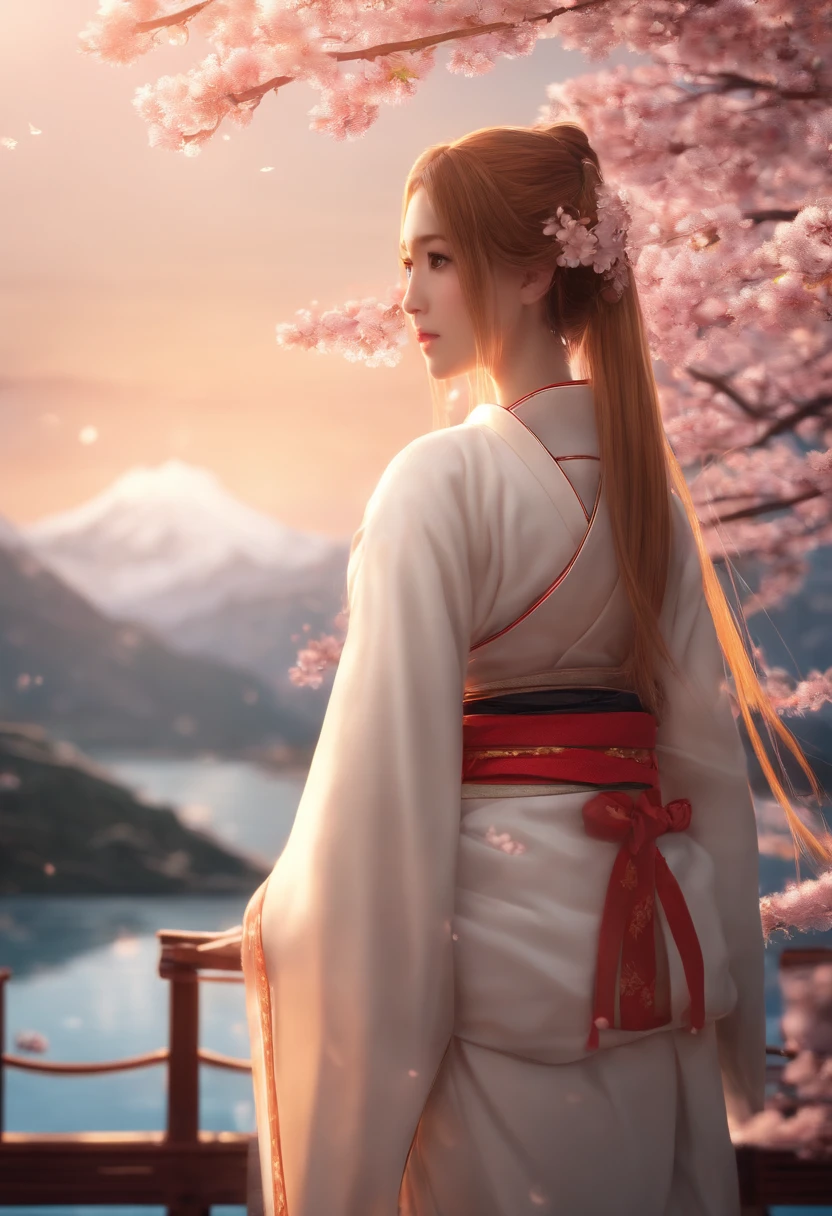 Asuna, Masterpiece, Best quality, Detailed, (1girll), Solo, Detailed golden eyes, Long hair, standing, close to viewer, (Detailed kimono), Light smile, Medium breasts,  (arms back behind), water, Sunset, (hair adornments), (Sakura blossoms),  Snowy mountain lake in the background