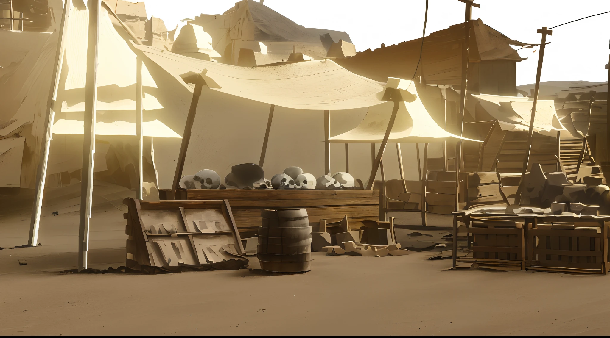 desert market building with lots of goods, lots of tents, sand and stone road, lots of tied ropes, lots of tables, lots of tall stone statues, lots of flags tied on ropes, Makoto Shinkai style render, anime style, 2D style render, bones and skulls, sand dunes, cloth roofs, wooden posts,